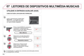 294
07
4
3
1
2
LEITORES DE DISPOSITIVOS MULTIMÉDIA MUSICAIS
Ligue o equipamento portátil (leitor
MP3/WMA…) à tomada de áudio
JACK ou à porta USB, através de
um cabo de áudio adaptado.
Prima a tecla MÚSICA e pressione
novamente a mesma tecla ou
seleccione a função Menu Música e
prima o botão para validar.
Seleccione a fonte musical
AUX e prima o botão para
validar. A reprodução começa
automaticamente.
Seleccione a função Dispositivo
externo e prima o botão para a
activar.
Dispositivo externo
UTILIZAR A ENTRADA AUXILIAR (AUX)
Menu Música
CABO DE ÁUDIO JACK/USB NÃO FORNECIDO
A visualização e a gestão dos comandos são efectuadas através
do equipamento nómada.
 