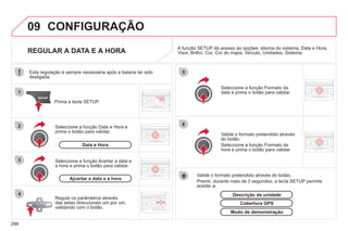298
09
4
3
2
1
6
5
CONFIGURAÇÃO
REGULAR A DATA E A HORA A função SETUP dá acesso às opções: Idioma do sistema, Data e Hora,
Visor, Brilho, Cor, Cor do mapa, Veículo, Unidades, Sistema.
Regule os parâmetros através
das setas direccionais um por um,
validando com o botão.
Seleccione a função Formato da
data e prima o botão para validar.
Seleccione a função Acertar a data e
a hora e prima o botão para validar.
Valide o formato pretendido através do botão.
Premir, durante mais de 2 segundos, a tecla SETUP permite
aceder a:
Esta regulação é sempre necessária após a bateria ter sido
desligada.
Prima a tecla SETUP.
Valide o formato pretendido através
do botão.
Seleccione a função Formato da
hora e prima o botão para validar.
Ajcertar a data e a hora
Seleccione a função Data e Hora e
prima o botão para validar.
Modo de demonstração
Cobertura GPS
Descrição da unidade
Data e Hora
 
