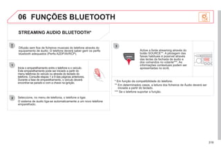 319
1
2
3
SOURCE
06
Inicie o emparelhamento entre o telefone e o veículo.
Este emparelhamento pode ser iniciado a partir do
menu telefonia do veículo ou através do teclado do
telefone. Consulte etapas 1 a 9 das páginas anteriores.
Durante a fase de emparelhamento, o veículo deverá
encontrar-se parado e com a chave na ignição.
Seleccione, no menu de telefonia, o telefone a ligar.
O sistema de áudio liga-se automaticamente a um novo telefone
emparelhado.
STREAMING AUDIO BLUETOOTH*
Difusão sem fios de ficheiros musicais do telefone através do
equipamento de áudio. O telefone deverá saber gerir os perfis
bluetooth adequados (Perfis A2DP/AVRCP).
* Em função da compatibilidade do telefone.
** Em determinados casos, a leitura dos ficheiros de Áudio deverá ser
iniciada a partir do teclado.
*** Se o telefone suportar a função.
Active a fonte streaming através do
botão SOURCE**. A pilotagem das
faixas habituais é possível através
das teclas da fachada de áudio e
dos comandos no volante***. As
informações contextuais podem ser
apresentadas no ecrã.
FUNÇÕES BLUETOOTH
 