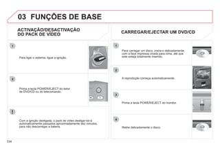334
1
2
3
4
1
2
FUNÇÕES DE BASE
ACTIVAÇÃO/DESACTIVAÇÃO
DO PACK DE VÍDEO
Prima a tecla POWER/EJECT do leitor
de DVD/CD ou do telecomando.
Para ligar o sistema, ligue a ignição.
Com a ignição desligada, o pack de vídeo desligar-se-á
automaticamente passados aproximadamente dez minutos,
para não descarregar a bateria.
A reprodução começa automaticamente.
Para carregar um disco, insira-o delicadamente,
com a face impressa virada para cima, até que
este esteja totalmente inserido.
Retire delicadamente o disco.
Prima a tecla POWER/EJECT do monitor.
CARREGAR/EJECTAR UM DVD/CD
 