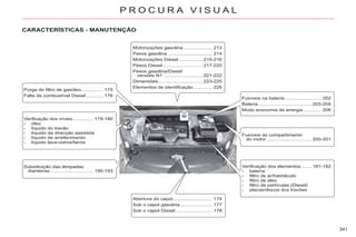 341
P R O C U R A V I S U A L
Verificação dos níveis............... 179-180
- óleo
- líquido do travão
- líquido da direcção assistida
- líquido de arrefecimento
- líquido lava-vidros/faróis
Substituição das lâmpadas
dianteiras............................... 190-193
Motorizações gasolina..................... 213
Pesos gasolina ................................ 214
Motorizações Diesel ................. 215-216
Pesos Diesel............................. 217-220
Pesos gasolina/Diesel
versões N1 ............................ 221-222
Dimensões................................ 223-225
Elementos de identificação.............. 226
Purga do filtro de gasóleo................ 175
Falta de combustível Diesel ............ 176
Abertura do capot............................ 174
Sob o capot gasolina....................... 177
Sob o capot Diesel .......................... 178
Verificação dos elementos........ 181-182
- bateria
- filtro de ar/habitáculo
- filtro de óleo
- filtro de partículas (Diesel)
- placas/discos dos travões
Fusíveis na bateria .......................... 202
Bateria ...................................... 203-205
Modo economia de energia............. 206
Fusíveis do compartimento
do motor ................................ 200-201
CARACTERÍSTICAS - MANUTENÇÃO
 