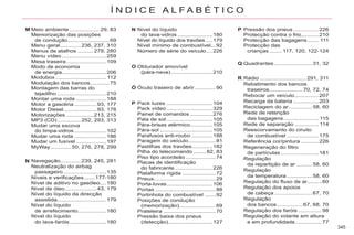 345
Í N D I C E A L F A B É T I C O
Meio ambiente ...................29, 83
Memorização das posições
de condução..........................69
Menu geral.............236, 237, 310
Menus de atalhos ..........279, 280
Menu vídeo............................259
Mesa traseira.........................109
Modo de economia
de energia............................206
Modubox................................ 112
Modulação dos bancos............75
Montagem das barras do
tejadilho ...............................210
Montar uma roda ...................188
Motor a gasolina ..............93, 177
Motor Diesel.....................93, 178
Motorizações .................213, 215
MP3 (CD)...............252, 293, 313
Mudar uma escova
do limpa-vidros ....................102
Mudar uma roda ....................186
Mudar um fusível ...................197
MyWay.............50, 276, 278, 299
Nível do líquido
do lava-vidros ......................180
Nível do líquido dos travões ....179
Nível mínimo de combustível...92
Número de série do veículo....226
Pressão dos pneus................226
Protecção contra o frio...........210
Protecção das bagagens....... 111
Protecção das
crianças ........117, 120, 122-124
M N P
Navegação.............239, 245, 281
Neutralização do airbag
passageiro...........................135
Níveis e verificações.......177-180
Nível de aditivo no gasóleo....180
Nível de óleo....................43, 179
Nível do líquido da direcção
assistida...............................179
Nível do líquido
de arrefecimento..................180
Nível do líquido
do lava-faróis.......................180
N
Obturador amovível
(pára-neve)..........................210
O
Óculo traseiro de abrir .............
r 90
Ó
Pack luzes .............................104
Pack vídeo.............................329
Painel de comandos ..............276
Pala de sol.............................105
Pára-brisas atérmico..............105
Pára-sol .................................105
Parafusos anti-roubo .............188
Paragem do veículo.................81
Pastilhas dos travões.............182
Pilha do telecomando ........82, 83
Piso tipo acordeão...................74
Placas de identificação
do fabricante........................226
Plataforma rígida .....................72
Pneus.......................................29
Porta-luvas.............................106
Portas ......................................88
Portinhola do combustível .......92
Posições de condução
(memorização).......................69
Prateleira .................................70
Pressão baixa dos pneus
(detecção)............................127
P
Quadrantes........................31, 32
Q
Rádio ............................. 291, 311
Rebatimento dos bancos
traseiros.....................70, 72, 74
Rebocar um veículo...............207
Recarga da bateria ................203
Reciclagem do ar...............
r 58, 60
Rede de retenção
das bagagens...................... 115
Rede de separação ............... 114
Reescorvamento do ciruito
de combustível ....................175
Referência cor/pintura ...........226
Regeneração do filtro
de partículas........................181
Regulação
da repartição de ar ..........
r 58, 60
Regulação
da temperatura ................58, 60
Regulação do fluxo de ar.........
r 60
Regulação dos apoios
de cabeça........................67, 70
Regulação
dos bancos ................67, 68, 70
Regulação dos faróis...............98
Regulação do volante em altura
e em profundidade.................77
R
 