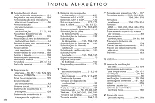 346
Í N D I C E A L F A B É T I C O
Tabela
das motorizações ........213, 215
Tabelas
das massas .........213, 215, 221
Tabelas de fusíveis ................197
Tampão do depósito de
combustível ...........................92
Tapete....................................108
Tecto de vidro panorâmico.......91
Telecomando .......78, 79, 83, 331
Telefone ...229, 260-262, 295, 296
Terceira luz de stop................196
Tomada auxiliar..............
r 294, 316
Segurança de
crianças ...86, 117, 120, 122-125
Serviços CITROËN................229
Sinal de emergência..............126
Sincronização
do telecomando.....................82
Síntese vocal .........................242
Sistema de assistência à
travagem..............................128
Sistema de assistência à
travagem de urgência..........128
Tomada para acessórios 12V ....
V 107
Tomadas áudio .....108, 253, 254,
294, 314, 316
Tomadas
auxiliares .............258, 259, 314
Tomada
USB .....108, 253, 254, 314, 316
Totalizador quilométrico...........44
Trancamento a partir do interior
do veículo ..............................88
Trancamento
centralizado ...............79, 88, 89
Travagem dinâmica de
emergência..........................139
Travão de estacionamento ....182
Travão de estacionamento
eléctrico ...............................139
Travões..................................182
Regulação em altura
dos cintos de segurança......131
Regulador de velocidade.......164
Reinicialização dos elevadores
eléctricos dos vidros..............86
Reinicialização
do telecomando.....................82
Reóstato
de iluminação ............31, 32, 44
Repartidor Electrónico de
Travagem (REF)..................128
Reposição a zero do totalizador
quilométrico diário .................44
Reposição em zero do indicador
de manutenção......................43
Reservatório
dos lava-faróis .....................180
Reservatótio do lava-vidros ...180
Retirar o tapete......................108
Retrovisores exteriores............76
Retrovisor interior ....................
r 77
Revisões .....................29, 42, 43
Roda de reserva ....................186
Sistema de navegação
embarcado...........................281
Sistemas ABS e REF.............128
Sistemas ASR e ESP.............129
Sob o capot motor .........
r 177, 178
Stop & Start ................55, 63, 92,
153, 174, 181, 203
Streaming audio Bluetooth ....319
Substituição da pilha
do telecomando.....................82
Substituição de fusíveis.........197
Substituição
de lâmpadas........190, 194, 195
Substituição do filtro de ar .....
r 181
Substituição do filtro do
habitáculo ............................181
Substituição do filtro do óleo....181
Substituir uma
lâmpada...............190, 194, 195
Super-trancamento..................79
Suporte para latas
de bebidas...........................107
Suspensão pneumática .........171
R S T
S T
U USB Box ................................108
V Vareta de verificação
do óleo...........................43, 179
Varrimento automático
dos limpa-vidros ..........100, 101
Ventilação ..........................29, 56
Ventiladores.............................56
Verificação dos níveis....179, 180
Verificações correntes ...181, 182
Vídeo .....................................259
Volante (ajuste do)...................77
Volante de comandos
centrais fixos........................160
Z Zonas de risco
(actualização) ..............244, 288
 