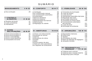 S U M Á R I O
2
Ecrã monocromático A 45
Ecrã monocromático C 47
Ecrã a cores MyWay 50
Ecrã a cores NaviDrive 52
Computador de bordo 53
■
■
■
■
■
II - ECRÃS
MULTIFUNÇÕES 45 55
Ventilação 56
Ar condicionado manual 58
Ar condicionado automático 60
Ambientador 65
Bancos dianteiros 67
Bancos traseiros 70
Modularidade dos bancos 75
Retrovisores 76
Regulação do volante 77
■
■
■
■
■
■
■
■
■
III - CONFORTO 56 77
Chave com telecomando 78
Arranque do veículo 81
Alarme 84
Elevadores de vidros 86
Portas 88
Mala 90
Óculo traseiro de abrir 90
Tecto em vidro panorâmico 91
O depósito de combustível 92
■
■
■
■
■
■
■
■
■
IV - ABERTURAS 78 93
Comandos de iluminação 94
Luzes de díodos 96
Luzes diurnas 96
Acendimento automático das luzes 97
Regulação das luzes 98
Iluminação direccional 99
Comandos do limpa-vidros 100
Funcionamento automático
das escovas 101
Luzes de tecto 103
Iluminação de ambiente 104
■
■
■
■
■
■
■
■
■
■
V - VISIBILIDADE 94 104
Disposições interiores 105
Porta-luvas 106
Tapetes 108
Arrumações da mala 111
Rede de retenção de bagagens 115
Lâmpada nómada 116
■
■
■
■
■
■
VI - ARRUMAÇÕES 105 116
Quadros de bordo 31
Luzes avisadoras 33
Indicadores 42
■
■
■
MANUSEAMENTO 4 30
I - CONTROLO
de MARCHA 31 44
Cadeiras para crianças 117
Cadeiras para crianças ISOFIX 122
Segurança para crianças 125
■
■
■
VII - SEGURANÇA para
CRIANÇAS 117 125
Eco-condução 29
■
 