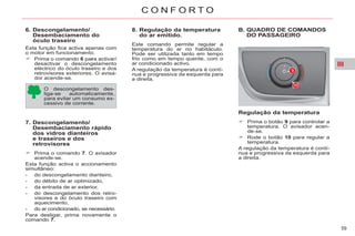 III
59
C O N F O R T O
6. Descongelamento/
Desembaciamento do
óculo traseiro
Esta função fica activa apenas com
o motor em funcionamento.
Prima o comando 6 para activar/
desactivar o descongelamento
eléctrico do óculo traseiro e dos
retrovisores exteriores. O avisa-
dor acende-se.
7. Descongelamento/
Desembaciamento rápido
dos vidros dianteiros
e traseiros e dos
retrovisores
Prima o comando 7. O avisador
acende-se.
Esta função activa o accionamento
simultâneo:
- do descongelamento dianteiro,
- do débito de ar optimizado,
- da entrada de ar exterior,
- do descongelamento dos retro-
visores e do óculo traseiro com
aquecimento,
- do ar condicionado, se necessário.
Para desligar, prima novamente o
comando 7.
8. Regulação da temperatura
do ar emitido.
Este comando permite regular a
temperatura do ar no habitáculo.
Pode ser utilizada tanto em tempo
frio como em tempo quente, com o
ar condicionado activo.
A regulação da temperatura é contí-
nua e progressiva da esquerda para
a direita.
Regulação da temperatura
Prima o botão 9 para controlar a
temperatura. O avisador acen-
de-se.
Rode o botão 10 para regular a
temperatura.
A regulação da temperatura é contí-
nua e progressiva da esquerda para
a direita.
O descongelamento des-
liga-se automaticamente,
para evitar um consumo ex-
cessivo de corrente.
B. QUADRO DE COMANDOS
DO PASSAGEIRO
 