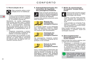 III
62
C O N F O R T O
5. Recirculação de ar
Prima o comando 5 para desligar
a entrada de ar exterior e activar
a recirculação de ar no habitácu-
lo. O avisador acende-se.
Mantendo as outras regulações,
esta função permite isolar o habitá-
culo dos odores e fumos exteriores.
Evite o funcionamento prolonga-
do da recirculação de ar (risco de
degradação da qualidade do ar do
habitáculo e embaciamento dos vi-
dros).
Pressione novamente o coman-
do 5 para permitir a entrada de ar
exterior. O avisador apaga-se.
A recirculação de ar também é acti-
vada por uma pressão no comando
situado na parte inferior esquerda
do volante (Ver "§ Volante com co-
mandos centrais fixos").
6. Activação/desactivação dos
comandos de regulação
dos passageiros traseiros
Este comando permite-lhe au-
torizarounãoaospassageiros
traseiros a utilizar o respectivo
comando de regulação.
Existem três estados possíveis para
este comando:
Bloqueio dos
comandos dos
passageiros traseiros
Autorização dos
comandos dos
passageiros traseiros
Redução do débito
de ar para os
passageiros traseiros
Com a versão de ar condicionado adi-
cional, é aconselhável que, em condi-
ções de Inverno, a entrada de ar dos
passageiros traseiros seja desligada
(sem distribuição de ar quente possí-
vel através destes ventiladores).
Os passageiros traseiros podem
utilizar o respectivo comando de re-
gulação à sua vontade.
O condutor impõe a sua regulação
aos passageiros traseiros. Neste
caso, os comandos dos passagei-
ros traseiros são neutralizados.
7. Modo de apresentação
do quadro: função black
panel
Esta função permite apagar/
acender os ecrãs e a retroi-
luminação das teclas.
- Quando a função está activada,
uma pressão em qualquer te-
cla acende temporariamente o
ecrã.
- Uma pressão no comando 7 de-
sactiva a função, a iluminação
dos comandos e do ecrã é nova-
mente permanente.
Esta função permite optimizar par-
ticularmente o conforto visual em
condução nocturna.
8. Descongelamento/
Desembaciamento do
óculo traseiro
Esta função fica activa apenas com
o motor em funcionamento.
Pressione o comando 8 para
activar/desactivar o descongela-
mento eléctrico do óculo traseiro
e, consoante a versão, dos re-
trovisores exteriores. O avisador
acende-se e o símbolo é apre-
sentado no ecrã.
Esta função desliga-se au-
tomaticamente para evitar
um consumo de corrente
excessivo.
Este comando activa a recir-
culação de ar no habitáculo.
 