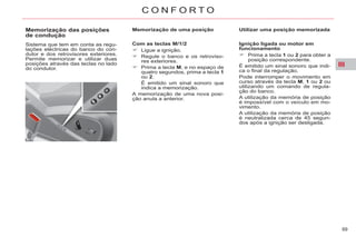 III
69
C O N F O R T O
Memorização das posições
de condução
Sistema que tem em conta as regu-
lações eléctricas do banco do con-
dutor e dos retrovisores exteriores.
Permite memorizar e utilizar duas
posições através das teclas no lado
do condutor.
Memorização de uma posição
Com as teclas M/1/2
Ligue a ignição.
Regule o banco e os retroviso-
res exteriores.
Prima a tecla M, e no espaço de
quatro segundos, prima a tecla 1
ou 2.
É emitido um sinal sonoro que
indica a memorização.
A memorização de uma nova posi-
ção anula a anterior.
Utilizar uma posição memorizada
Ignição ligada ou motor em
funcionamento
Prima a tecla 1 ou 2 para obter a
posição correspondente.
É emitido um sinal sonoro que indi-
ca o final da regulação.
Pode interromper o movimento em
curso através da tecla M, 1 ou 2 ou
utilizando um comando de regula-
ção do banco.
A utilização da memória de posição
é impossível com o veículo em mo-
vimento.
A utilização da memória de posição
é neutralizada cerca de 45 segun-
dos após a ignição ser desligada.
 