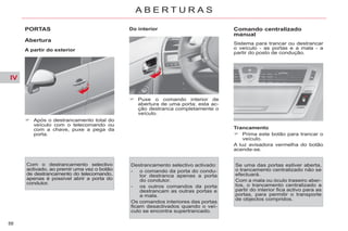 IV
88
A B E R T U R A S
PORTAS
Abertura
A partir do exterior
Com o destrancamento selectivo
activado, ao premir uma vez o botão
de destrancamento do telecomando,
apenas é possível abrir a porta do
condutor.
Puxe o comando interior de
abertura de uma porta; esta ac-
ção destranca completamente o
veículo.
Destrancamento selectivo activado:
- o comando da porta do condu-
tor destranca apenas a porta
do condutor.
- os outros comandos da porta
destrancam as outras portas e
a mala.
Os comandos interiores das portas
ficam desactivados quando o veí-
culo se encontra supertrancado.
Comando centralizado
manual
Sistema para trancar ou destrancar
o veículo - as portas e a mala - a
partir do posto de condução.
Trancamento
Prima este botão para trancar o
veículo.
A luz avisadora vermelha do botão
acende-se.
Se uma das portas estiver aberta,
o trancamento centralizado não se
efectuará.
Com a mala ou óculo traseiro aber-
tos, o trancamento centralizado a
partir do interior fica activo para as
portas, para permitir o transporte
de objectos compridos.
Após o destrancamento total do
veículo com o telecomando ou
com a chave, puxe a pega da
porta.
Do interior
 