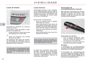 V
96
V I S I B I L I D A D E
Luzes diurnas
Iluminação durante o dia, obrigató-
ria em determinados países, que se
activa automaticamente aquando do
arranque do motor, permitindo uma
melhor visibilidade do veículo para
os outros condutores.
Iluminação de
acompanhamento manual
Manutenção temporária da ilumina-
ção das luzes de cruzamento, após
desligar a ignição do veículo, que
facilita a saída do condutor em caso
de fraca luminosidade.
Colocação em serviço
Com a ignição desligada, efec-
tuar um "sinal de luzes" com o
comando de iluminação B.
Um segundo "sinal de luzes" de-
sactiva novamente a função.
Paragem
A iluminação de acompanhamento
manual é desactivada automaticamen-
te passado um determinado tempo.
A iluminação de acompanhamento
manual encontra-se também disponí-
vel com o botão de iluminação do te-
lecomando (ver capítulo "Aberturas - §
A chave com telecomando").
Esta função é assegurada:
- para os países onde a regula-
mentação se impõe,
pelo acendimento das luzes de
cruzamento associadas ao acen-
dimento das luzes de presença e
das luzes da chapa de matrícula.
- para os outros países de comer-
cialização,
pelo acendimento das luzes de-
dicadas de díodos.
O posto de condução (ecrã multi-
funções, fachada do ar condiciona-
do, etc.) não se acende, excepto
aquando da passagem para o modo
nocturno, acendimento manual ou
automático das luzes.
Luzes de díodos
Acendem-se aquando do acciona-
mento do motor.
Consoante o país de destino, asse-
guram as funções de:
- luzes diurnas em modo dia e luzes
de presença em modo noite,
ou
- luzes de presença nos modos
de dia e de noite.
Na presença das luzes de díodos,
as lâmpadas de filamento das lu-
zes de presença dos blocos ópticos
dianteiros ficam inactivas.
A activação ou neutralização des-
ta iluminação é efectuada através
do menu de configuração do seu
veículo.
Esta função pode ser activada ou
neutralizada, passando pelo menu
de configuração do veículo.
 