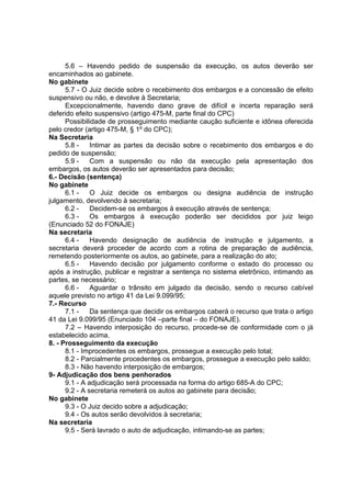 5.6 – Havendo pedido de suspensão da execução, os autos deverão ser
encaminhados ao gabinete.
No gabinete
5.7 - O Juiz decide sobre o recebimento dos embargos e a concessão de efeito
suspensivo ou não, e devolve à Secretaria;
Excepcionalmente, havendo dano grave de difícil e incerta reparação será
deferido efeito suspensivo (artigo 475-M, parte final do CPC)
Possibilidade de prosseguimento mediante caução suficiente e idônea oferecida
pelo credor (artigo 475-M, § 1º do CPC);
Na Secretaria
5.8 - Intimar as partes da decisão sobre o recebimento dos embargos e do
pedido de suspensão;
5.9 - Com a suspensão ou não da execução pela apresentação dos
embargos, os autos deverão ser apresentados para decisão;
6.- Decisão (sentença)
No gabinete
6.1 - O Juiz decide os embargos ou designa audiência de instrução
julgamento, devolvendo à secretaria;
6.2 - Decidem-se os embargos à execução através de sentença;
6.3 - Os embargos à execução poderão ser decididos por juiz leigo
(Enunciado 52 do FONAJE)
Na secretaria
6.4 - Havendo designação de audiência de instrução e julgamento, a
secretaria deverá proceder de acordo com a rotina de preparação de audiência,
remetendo posteriormente os autos, ao gabinete, para a realização do ato;
6.5 - Havendo decisão por julgamento conforme o estado do processo ou
após a instrução, publicar e registrar a sentença no sistema eletrônico, intimando as
partes, se necessário;
6.6 - Aguardar o trânsito em julgado da decisão, sendo o recurso cabível
aquele previsto no artigo 41 da Lei 9.099/95;
7.- Recurso
7.1 - Da sentença que decidir os embargos caberá o recurso que trata o artigo
41 da Lei 9.099/95 (Enunciado 104 –parte final – do FONAJE).
7.2 – Havendo interposição do recurso, procede-se de conformidade com o já
estabelecido acima.
8. - Prosseguimento da execução
8.1 - Improcedentes os embargos, prossegue a execução pelo total;
8.2 - Parcialmente procedentes os embargos, prossegue a execução pelo saldo;
8.3 - Não havendo interposição de embargos;
9- Adjudicação dos bens penhorados
9.1 - A adjudicação será processada na forma do artigo 685-A do CPC;
9.2 - A secretaria remeterá os autos ao gabinete para decisão;
No gabinete
9.3 - O Juiz decido sobre a adjudicação;
9.4 - Os autos serão devolvidos à secretaria;
Na secretaria
9.5 - Será lavrado o auto de adjudicação, intimando-se as partes;
 