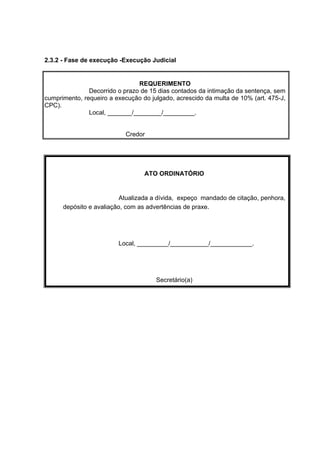 2.3.2 - Fase de execução -Execução Judicial
REQUERIMENTO
Decorrido o prazo de 15 dias contados da intimação da sentença, sem
cumprimento, requeiro a execução do julgado, acrescido da multa de 10% (art. 475-J,
CPC).
Local, _______/________/_________.
Credor
ATO ORDINATÓRIO
Atualizada a dívida, expeço mandado de citação, penhora,
depósito e avaliação, com as advertências de praxe.
Local, _________/___________/____________.
Secretário(a)
 
