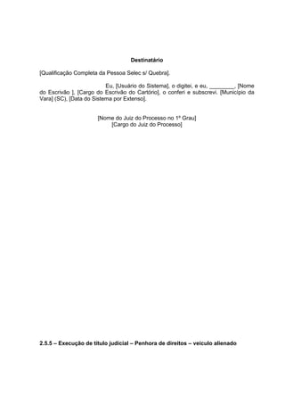Destinatário
[Qualificação Completa da Pessoa Selec s/ Quebra].
Eu, [Usuário do Sistema], o digitei, e eu, ________, [Nome
do Escrivão ], [Cargo do Escrivão do Cartório], o conferi e subscrevi. [Município da
Vara] (SC), [Data do Sistema por Extenso].
[Nome do Juiz do Processo no 1º Grau]
[Cargo do Juiz do Processo]
2.5.5 – Execução de título judicial – Penhora de direitos – veículo alienado
 