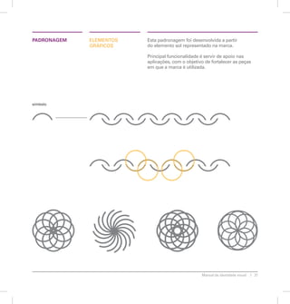Manual de identidade visual 21 
ELEMENTOS 
GRÁFICOS 
Esta padronagem foi desenvolvida a partir 
do elemento sol representado na marca. 
Principal funcionalidade é servir de apoio nas 
aplicações, com o objetivo de fortalecer as peças 
em que a marca é utilizada. 
PADRONAGEM 
símbolo 
 