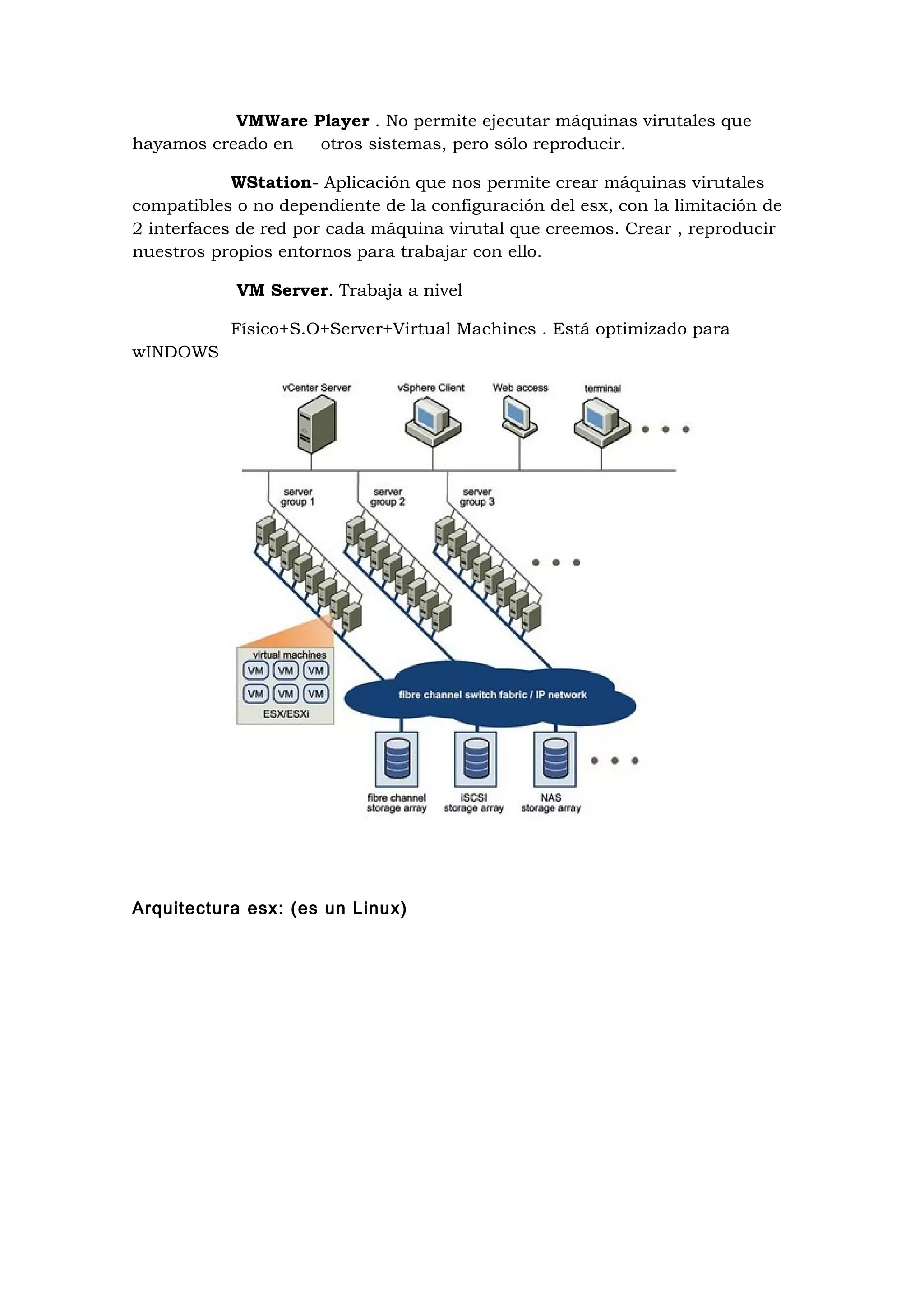 VMWare Player . No permite ejecutar máquinas virutales que
hayamos creado en  otros sistemas, pero sólo reproducir.

            WStation- Aplicación que nos permite crear máquinas virutales
compatibles o no dependiente de la configuración del esx, con la limitación de
2 interfaces de red por cada máquina virutal que creemos. Crear , reproducir
nuestros propios entornos para trabajar con ello.

            VM Server. Trabaja a nivel

           Físico+S.O+Server+Virtual Machines . Está optimizado para
wINDOWS




Arquitectura esx: (es un Linux)
 