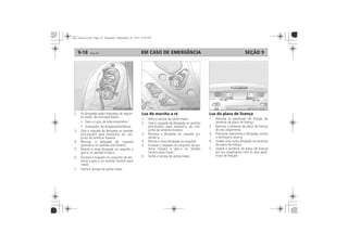 EM CASO DE EMERGÊNCIA9-18 SEÇÃO 9
Substituição das
lâmpadas
Faróis alto e baixo, luz da
lanterna dianteira e
sinalizador de direção
Luz do freio, sinalizador de
direção traseiro, lanterna
traseira
Luz de marcha a ré Luz da placa de licença
 
