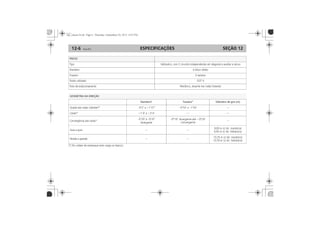 ESPECIFICAÇÕES12-6 SEÇÃO 12
FREIOS
GEOMETRIA DA DIREÇÃO
Dianteiro* Traseiro* Diâmetro de giro (m)
 