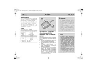 RESUMO2-4 SEÇÃO 2
Abastecimento
Pneus
Pressão dos pneus -
Travamento das portas e
ativação do alarme
antifurto com o controle
remoto
 