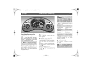 COMANDOS E CONTROLES 6-1SEÇÃO 6
Painel de instrumentos
Tacômetro (conta-giros)
Velocímetro
Hodômetro parcial/relógio
digital (se disponível)
InSP
Botão Operação
Hodômetro total
 