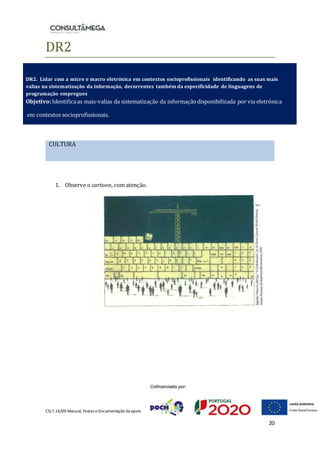 CSLT.16/00 Manual, Textos eDocumentação deapoio
20
DR2
1. Observe o cartoon, com atenção.
DR2. Lidar com a micro e macro eletrónica em contextos socioprofissionais identificando as suas mais
valias na sistematização da informação, decorrentes também da especificidade de linguagens de
programação empregues
Objetivo:Identificaas mais-valias da sistematização da informaçãodisponibilizada por via eletrónica
em contextos socioprofissionais.
CULTURA
 