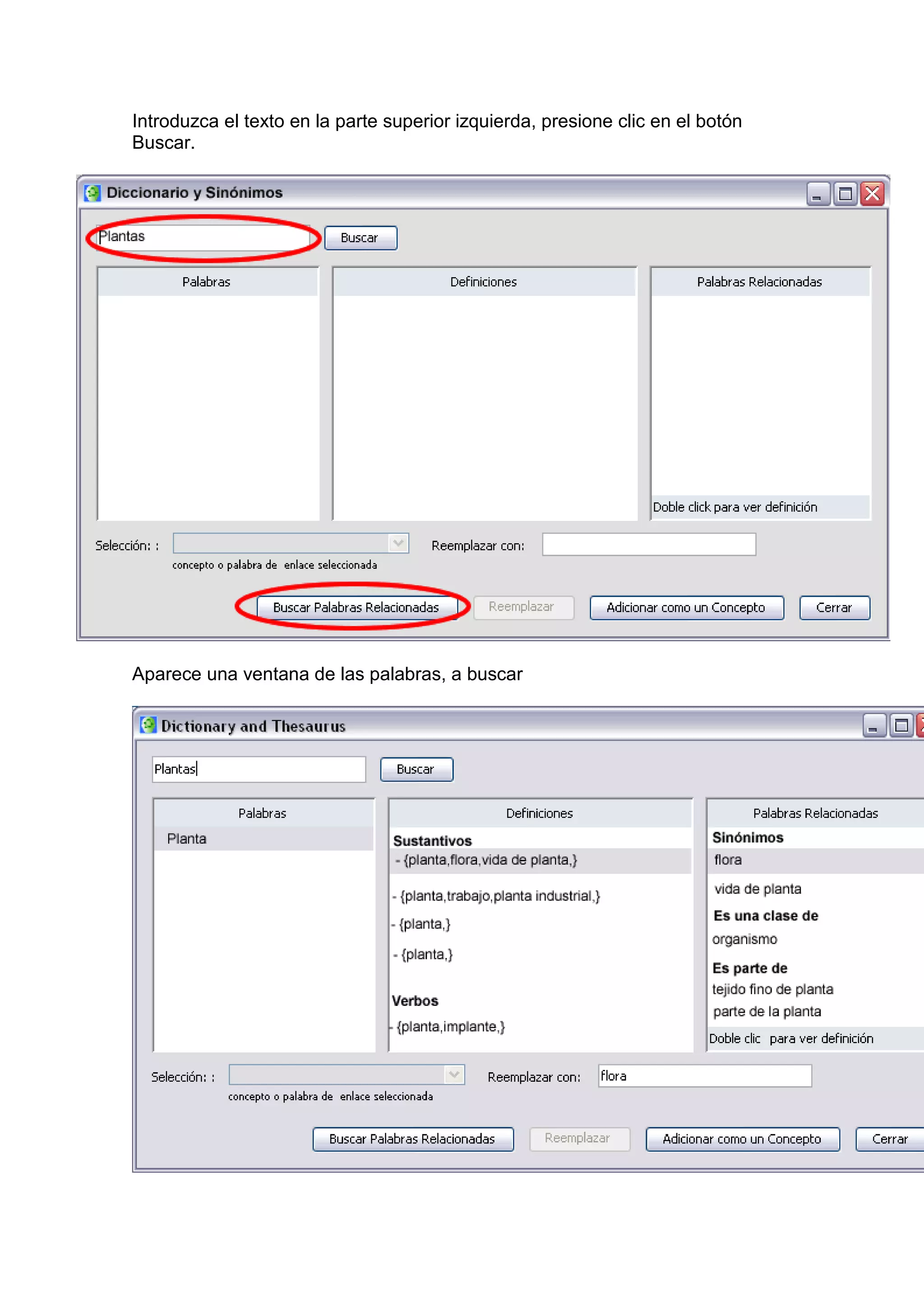 Introduzca el texto en la parte superior izquierda, presione clic en el botón
Buscar.




Aparece una ventana de las palabras, a buscar
 