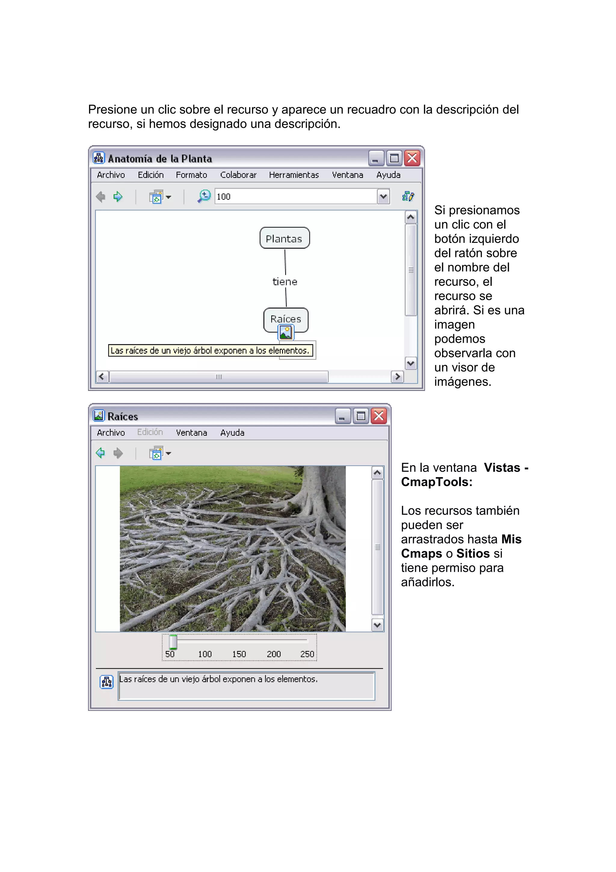 Presione un clic sobre el recurso y aparece un recuadro con la descripción del
recurso, si hemos designado una descripción.




                                                              Si presionamos
                                                              un clic con el
                                                              botón izquierdo
                                                              del ratón sobre
                                                              el nombre del
                                                              recurso, el
                                                              recurso se
                                                              abrirá. Si es una
                                                              imagen
                                                              podemos
                                                              observarla con
                                                              un visor de
                                                              imágenes.




                                                        En la ventana Vistas -
                                                        CmapTools:

                                                        Los recursos también
                                                        pueden ser
                                                        arrastrados hasta Mis
                                                        Cmaps o Sitios si
                                                        tiene permiso para
                                                        añadirlos.
 