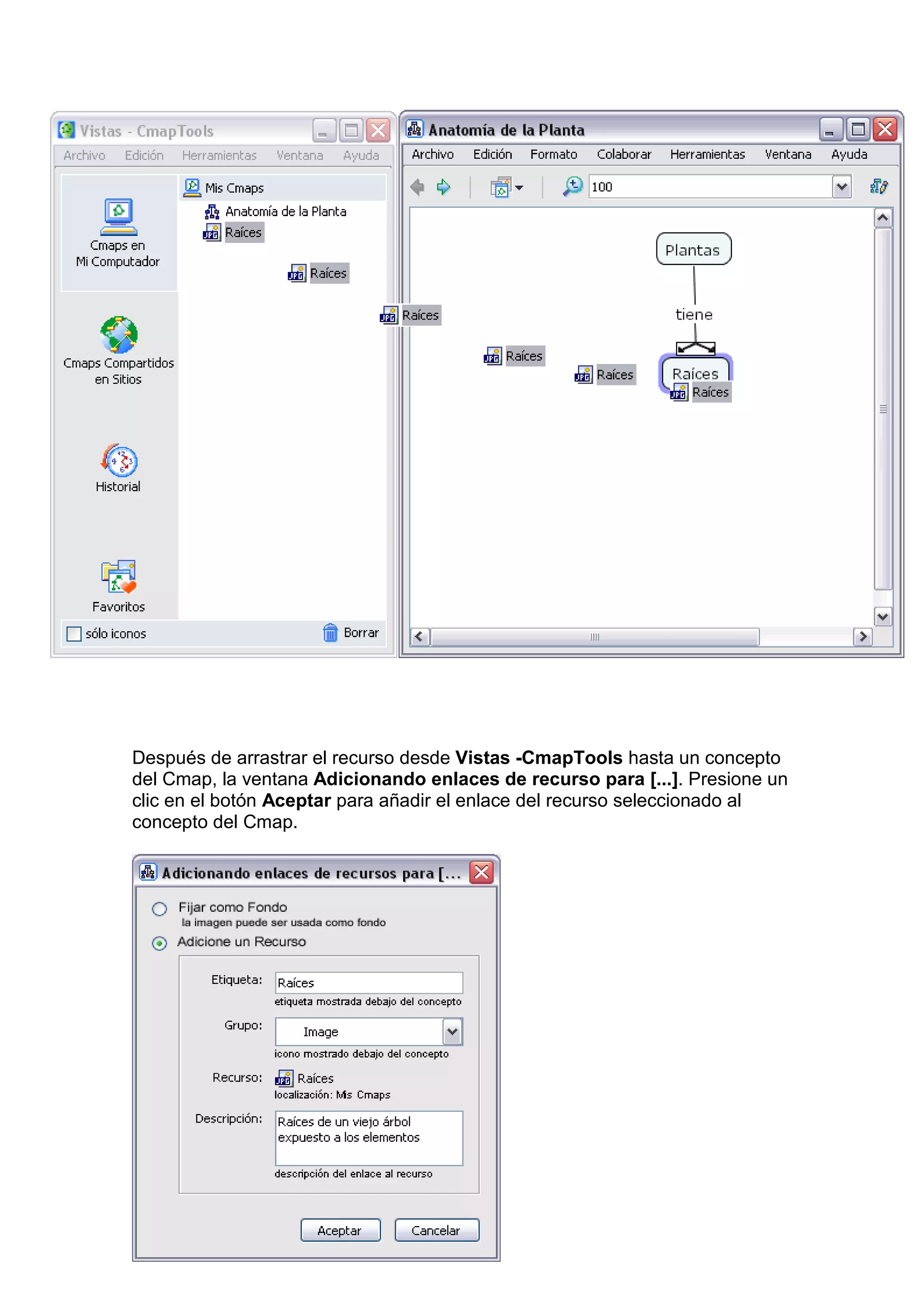Después de arrastrar el recurso desde Vistas -CmapTools hasta un concepto
del Cmap, la ventana Adicionando enlaces de recurso para [...]. Presione un
clic en el botón Aceptar para añadir el enlace del recurso seleccionado al
concepto del Cmap.
 