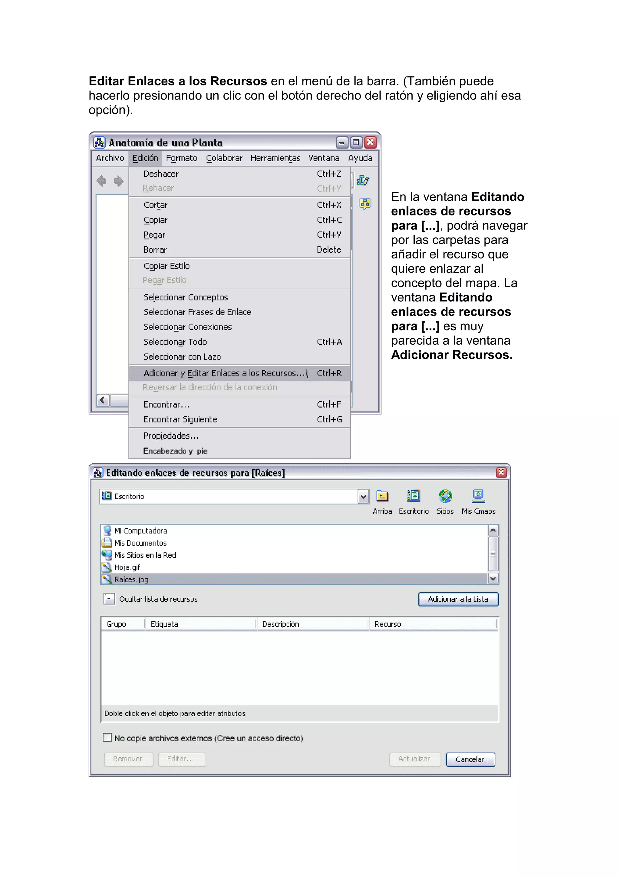 Editar Enlaces a los Recursos en el menú de la barra. (También puede
hacerlo presionando un clic con el botón derecho del ratón y eligiendo ahí esa
opción).




                                                      En la ventana Editando
                                                      enlaces de recursos
                                                      para [...], podrá navegar
                                                      por las carpetas para
                                                      añadir el recurso que
                                                      quiere enlazar al
                                                      concepto del mapa. La
                                                      ventana Editando
                                                      enlaces de recursos
                                                      para [...] es muy
                                                      parecida a la ventana
                                                      Adicionar Recursos.
 
