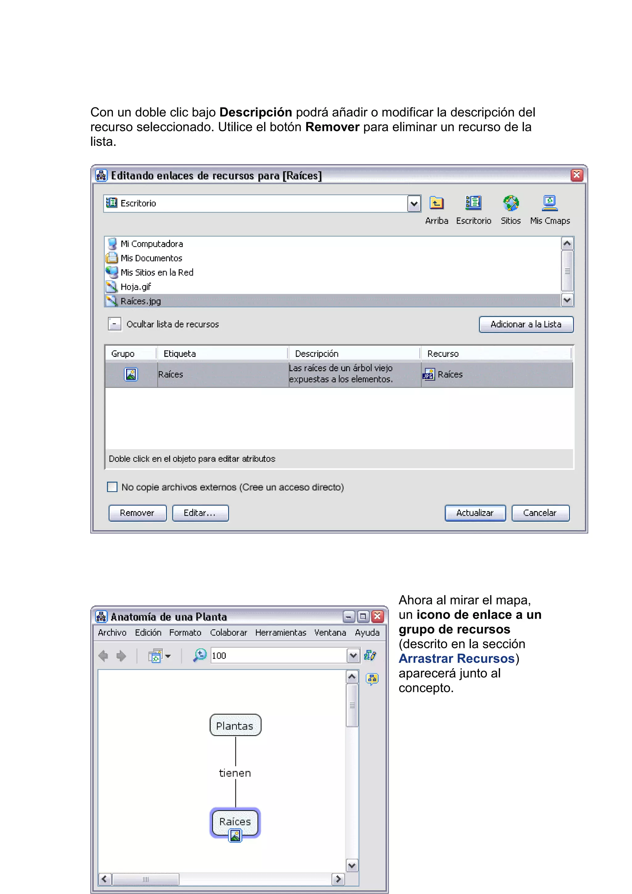 Con un doble clic bajo Descripción podrá añadir o modificar la descripción del
recurso seleccionado. Utilice el botón Remover para eliminar un recurso de la
lista.




                                                      Ahora al mirar el mapa,
                                                      un icono de enlace a un
                                                      grupo de recursos
                                                      (descrito en la sección
                                                      Arrastrar Recursos)
                                                      aparecerá junto al
                                                      concepto.
 