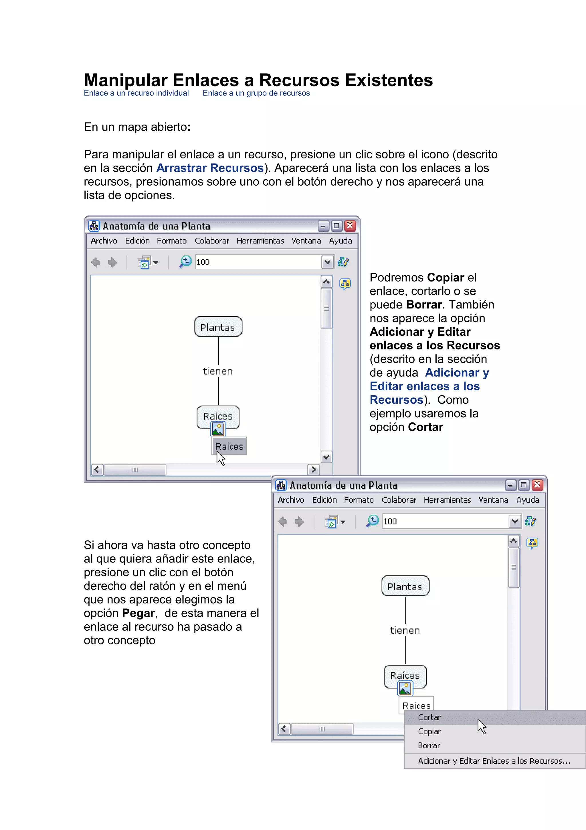 Manipular Enlaces a Recursos Existentes
Enlace a un recurso individual   Enlace a un grupo de recursos



En un mapa abierto:

Para manipular el enlace a un recurso, presione un clic sobre el icono (descrito
en la sección Arrastrar Recursos). Aparecerá una lista con los enlaces a los
recursos, presionamos sobre uno con el botón derecho y nos aparecerá una
lista de opciones.




                                                                 Podremos Copiar el
                                                                 enlace, cortarlo o se
                                                                 puede Borrar. También
                                                                 nos aparece la opción
                                                                 Adicionar y Editar
                                                                 enlaces a los Recursos
                                                                 (descrito en la sección
                                                                 de ayuda Adicionar y
                                                                 Editar enlaces a los
                                                                 Recursos). Como
                                                                 ejemplo usaremos la
                                                                 opción Cortar




Si ahora va hasta otro concepto
al que quiera añadir este enlace,
presione un clic con el botón
derecho del ratón y en el menú
que nos aparece elegimos la
opción Pegar, de esta manera el
enlace al recurso ha pasado a
otro concepto
 