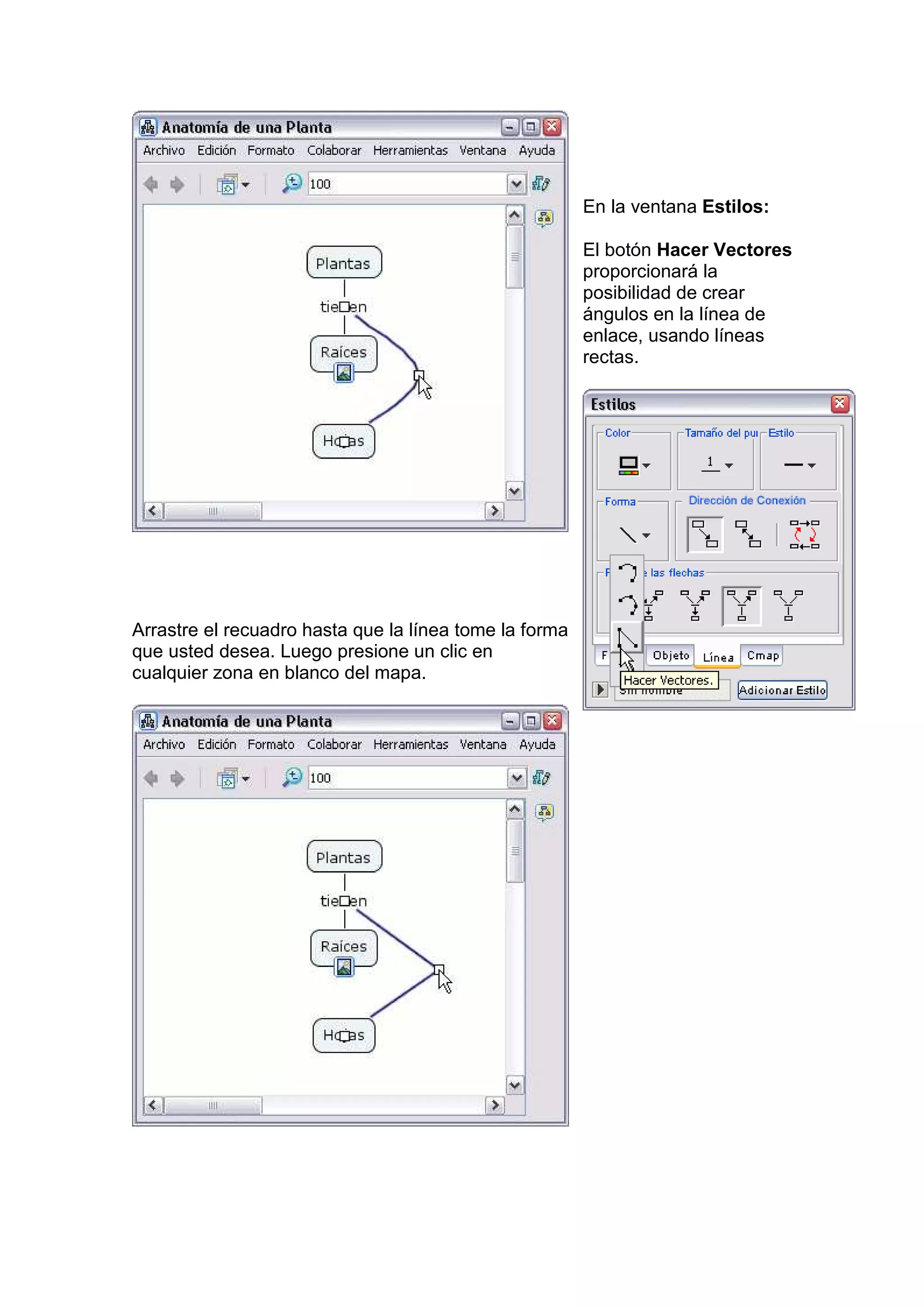 En la ventana Estilos:

                                                        El botón Hacer Vectores
                                                        proporcionará la
                                                        posibilidad de crear
                                                        ángulos en la línea de
                                                        enlace, usando líneas
                                                        rectas.




Arrastre el recuadro hasta que la línea tome la forma
que usted desea. Luego presione un clic en
cualquier zona en blanco del mapa.
 