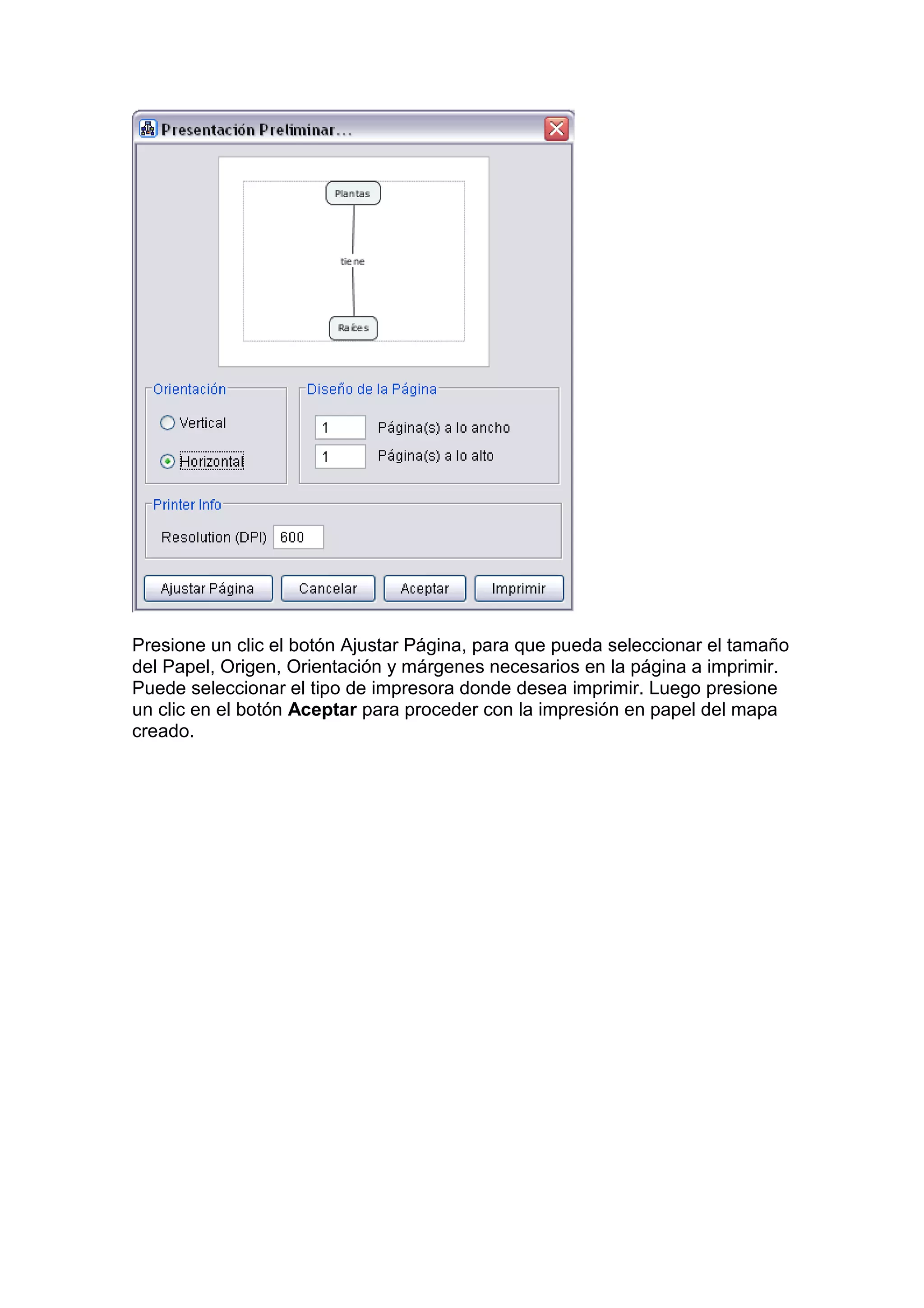 Presione un clic el botón Ajustar Página, para que pueda seleccionar el tamaño
del Papel, Origen, Orientación y márgenes necesarios en la página a imprimir.
Puede seleccionar el tipo de impresora donde desea imprimir. Luego presione
un clic en el botón Aceptar para proceder con la impresión en papel del mapa
creado.
 
