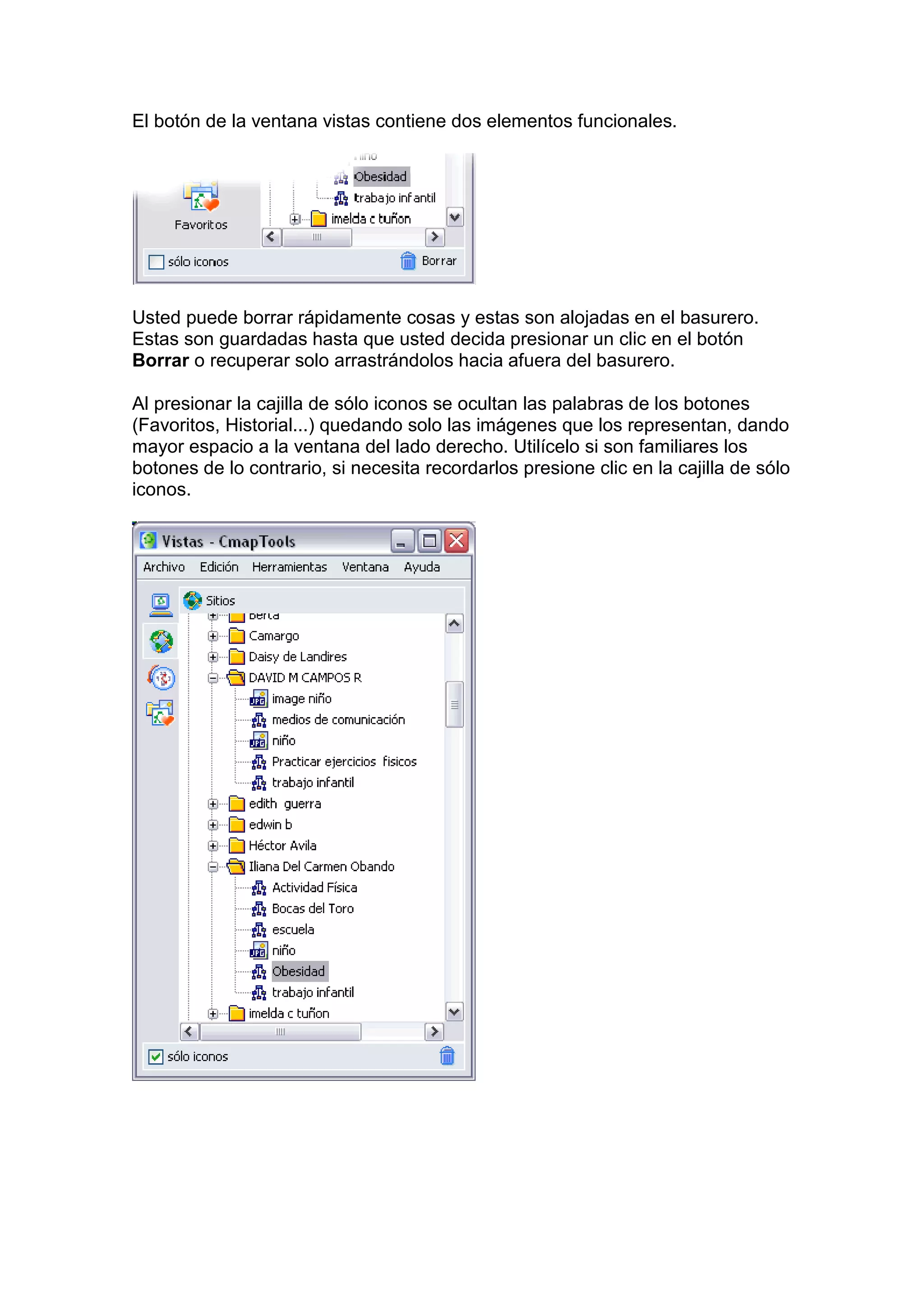 El botón de la ventana vistas contiene dos elementos funcionales.




Usted puede borrar rápidamente cosas y estas son alojadas en el basurero.
Estas son guardadas hasta que usted decida presionar un clic en el botón
Borrar o recuperar solo arrastrándolos hacia afuera del basurero.

Al presionar la cajilla de sólo iconos se ocultan las palabras de los botones
(Favoritos, Historial...) quedando solo las imágenes que los representan, dando
mayor espacio a la ventana del lado derecho. Utilícelo si son familiares los
botones de lo contrario, si necesita recordarlos presione clic en la cajilla de sólo
iconos.
 