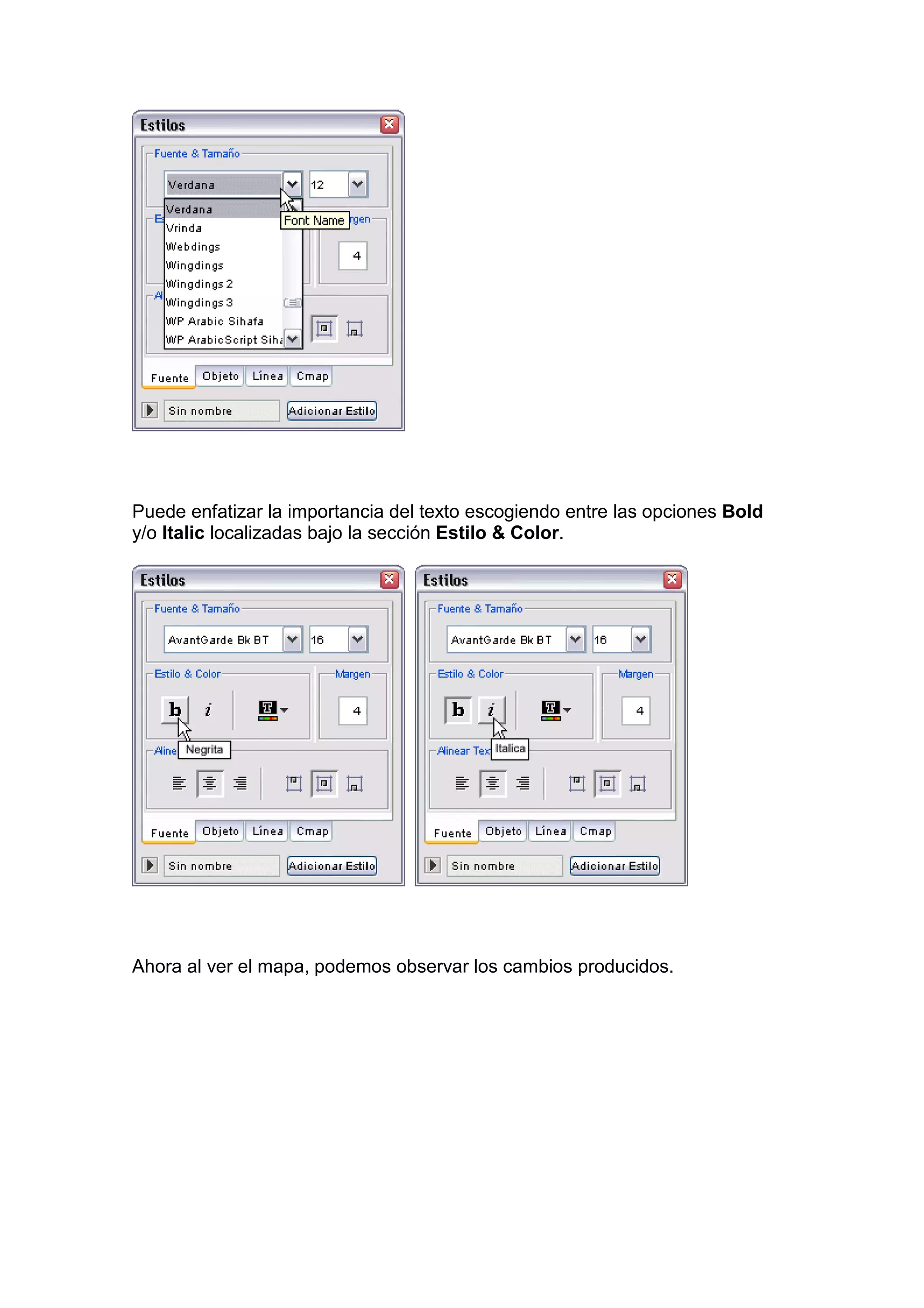 Puede enfatizar la importancia del texto escogiendo entre las opciones Bold
y/o Italic localizadas bajo la sección Estilo & Color.




Ahora al ver el mapa, podemos observar los cambios producidos.
 