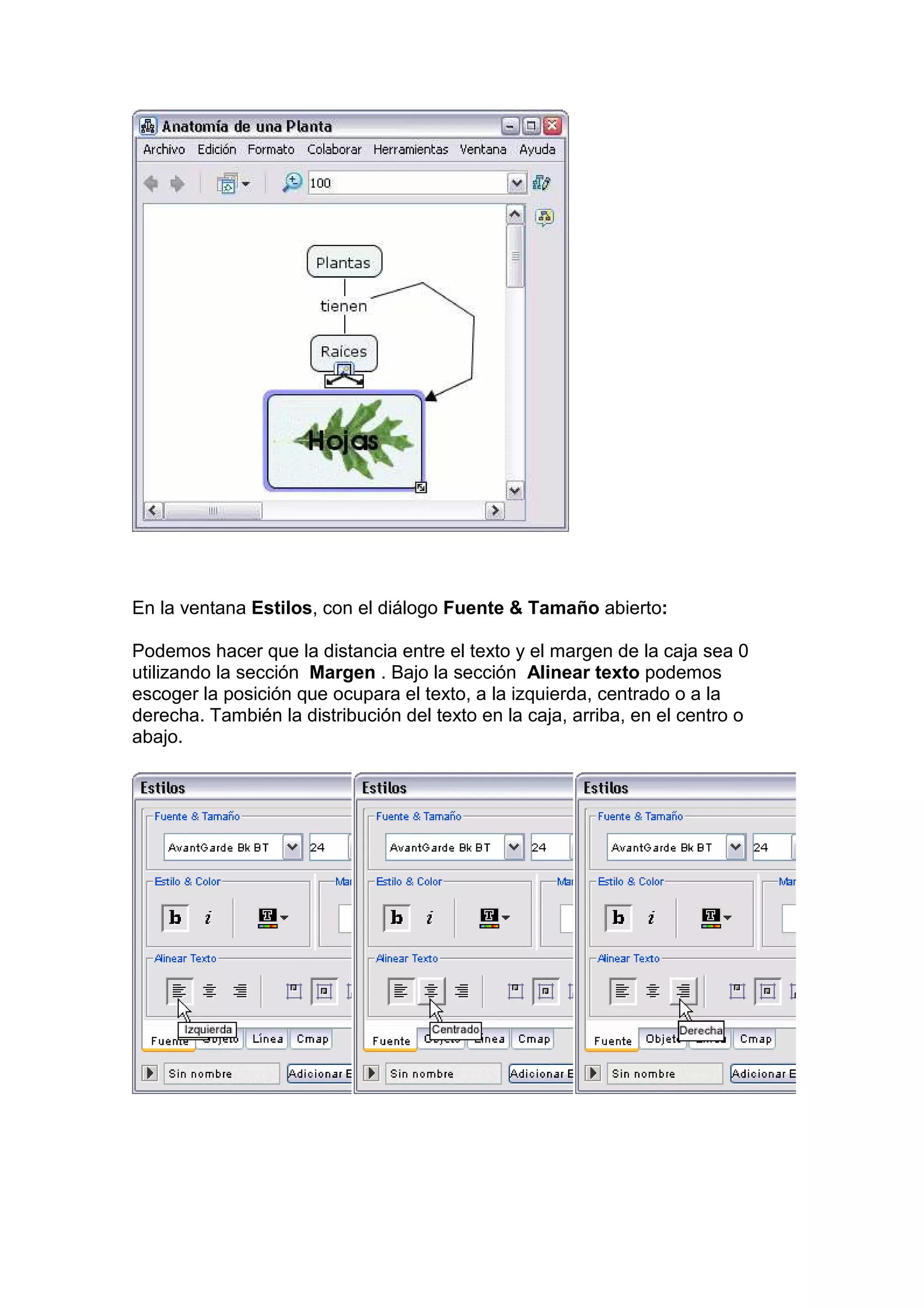 En la ventana Estilos, con el diálogo Fuente & Tamaño abierto:

Podemos hacer que la distancia entre el texto y el margen de la caja sea 0
utilizando la sección Margen . Bajo la sección Alinear texto podemos
escoger la posición que ocupara el texto, a la izquierda, centrado o a la
derecha. También la distribución del texto en la caja, arriba, en el centro o
abajo.
 