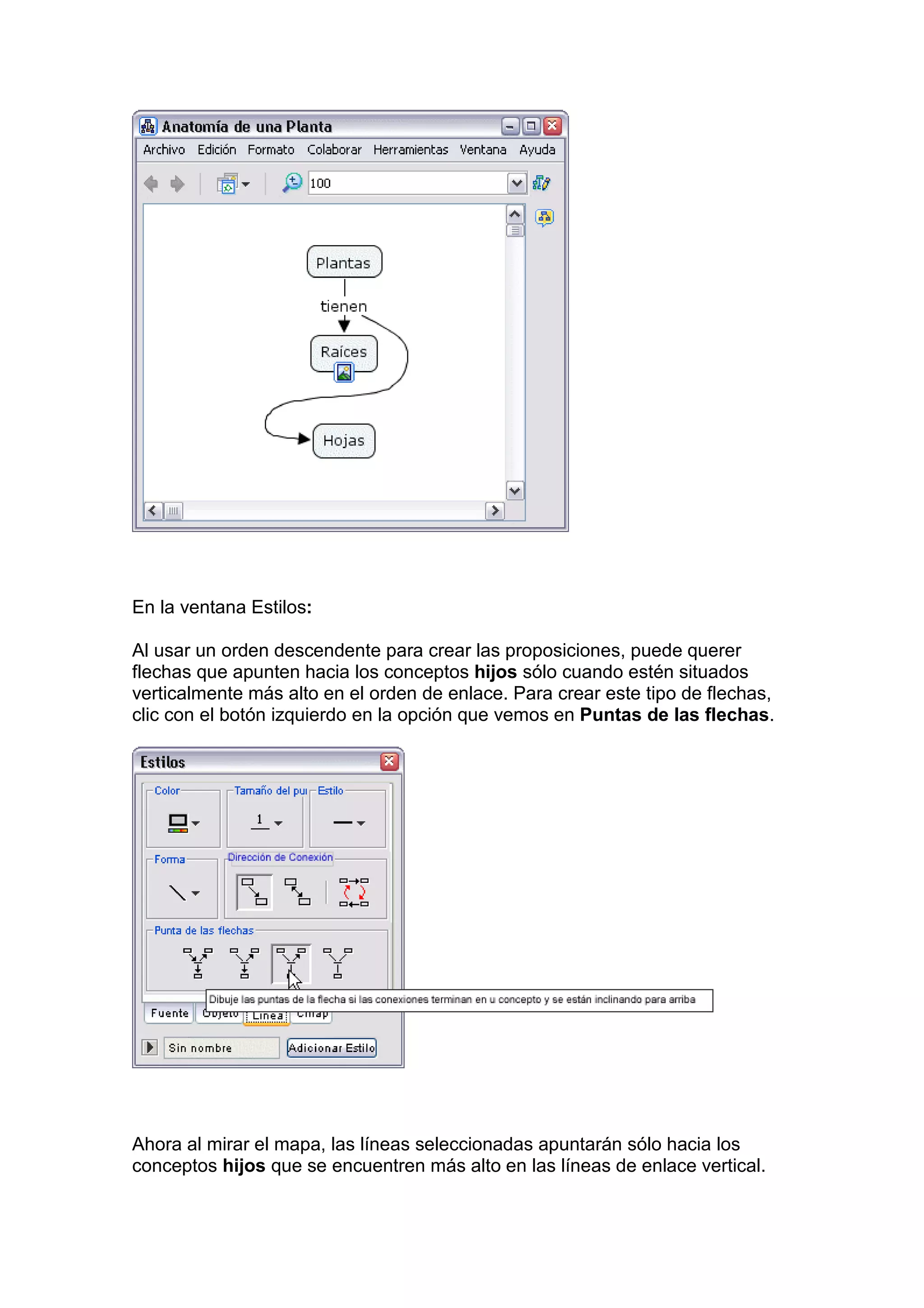 En la ventana Estilos:

Al usar un orden descendente para crear las proposiciones, puede querer
flechas que apunten hacia los conceptos hijos sólo cuando estén situados
verticalmente más alto en el orden de enlace. Para crear este tipo de flechas,
clic con el botón izquierdo en la opción que vemos en Puntas de las flechas.




Ahora al mirar el mapa, las líneas seleccionadas apuntarán sólo hacia los
conceptos hijos que se encuentren más alto en las líneas de enlace vertical.
 