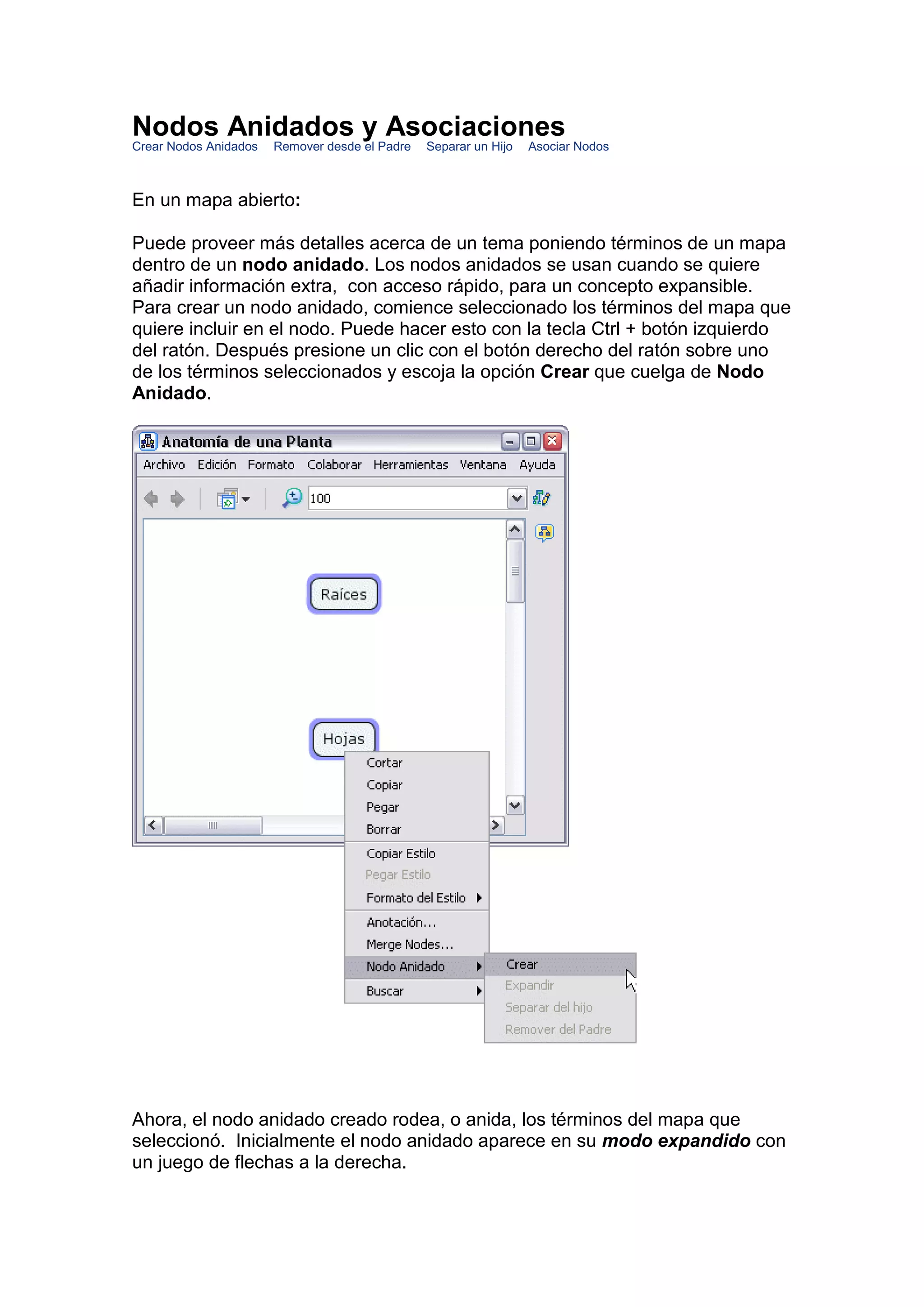Nodos Anidados y Asociaciones
Crear Nodos Anidados   Remover desde el Padre   Separar un Hijo   Asociar Nodos



En un mapa abierto:

Puede proveer más detalles acerca de un tema poniendo términos de un mapa
dentro de un nodo anidado. Los nodos anidados se usan cuando se quiere
añadir información extra, con acceso rápido, para un concepto expansible.
Para crear un nodo anidado, comience seleccionado los términos del mapa que
quiere incluir en el nodo. Puede hacer esto con la tecla Ctrl + botón izquierdo
del ratón. Después presione un clic con el botón derecho del ratón sobre uno
de los términos seleccionados y escoja la opción Crear que cuelga de Nodo
Anidado.




Ahora, el nodo anidado creado rodea, o anida, los términos del mapa que
seleccionó. Inicialmente el nodo anidado aparece en su modo expandido con
un juego de flechas a la derecha.
 