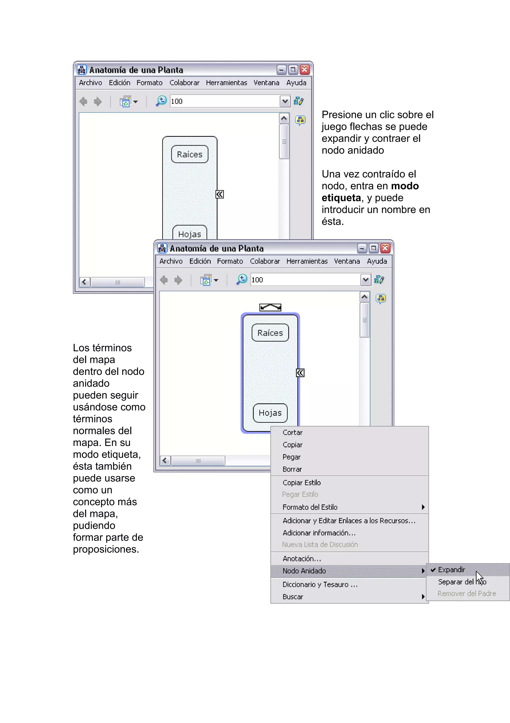 Presione un clic sobre el
                  juego flechas se puede
                  expandir y contraer el
                  nodo anidado

                  Una vez contraído el
                  nodo, entra en modo
                  etiqueta, y puede
                  introducir un nombre en
                  ésta.




Los términos
del mapa
dentro del nodo
anidado
pueden seguir
usándose como
términos
normales del
mapa. En su
modo etiqueta,
ésta también
puede usarse
como un
concepto más
del mapa,
pudiendo
formar parte de
proposiciones.
 