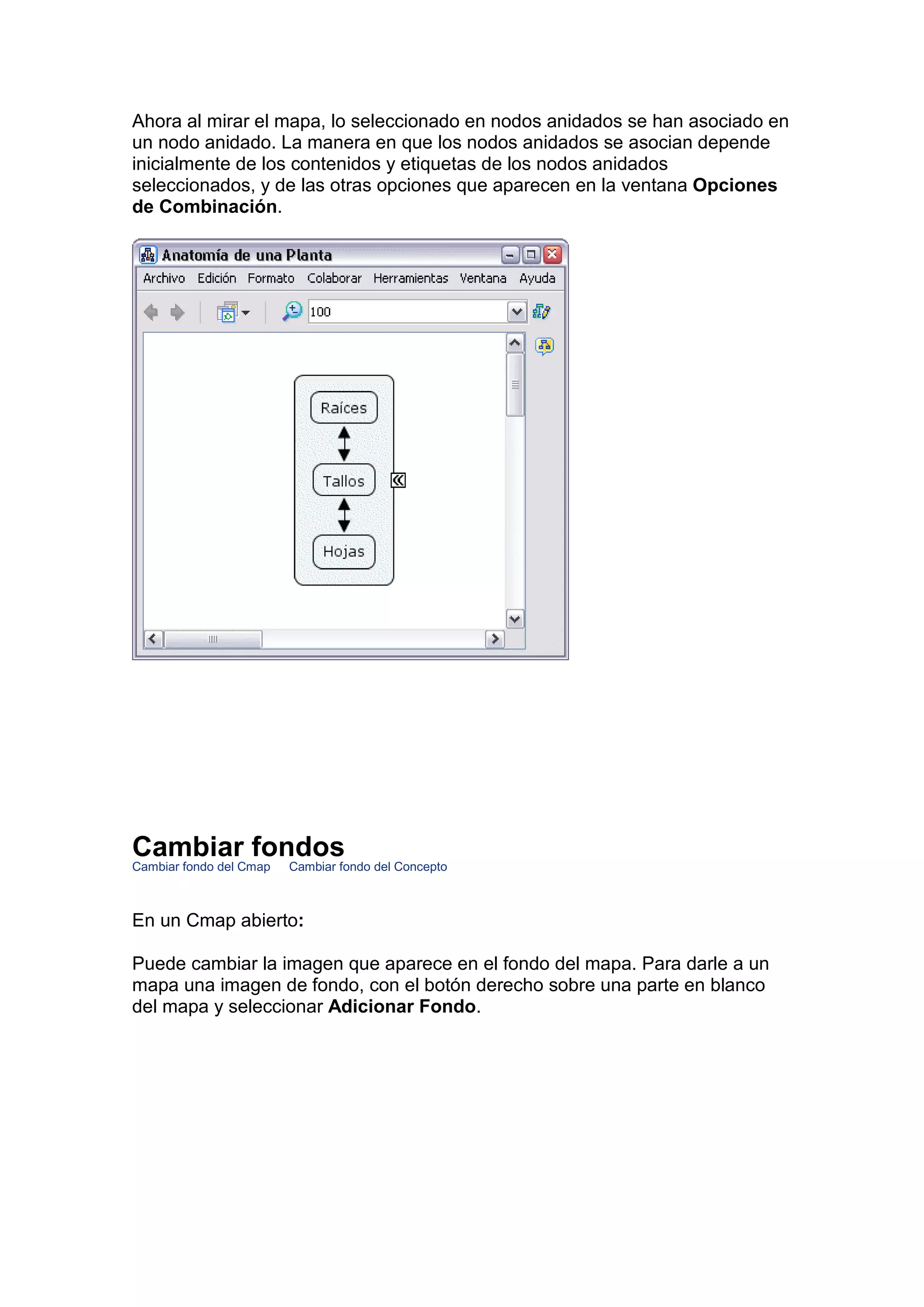 Ahora al mirar el mapa, lo seleccionado en nodos anidados se han asociado en
un nodo anidado. La manera en que los nodos anidados se asocian depende
inicialmente de los contenidos y etiquetas de los nodos anidados
seleccionados, y de las otras opciones que aparecen en la ventana Opciones
de Combinación.




Cambiar fondos
Cambiar fondo del Cmap   Cambiar fondo del Concepto



En un Cmap abierto:

Puede cambiar la imagen que aparece en el fondo del mapa. Para darle a un
mapa una imagen de fondo, con el botón derecho sobre una parte en blanco
del mapa y seleccionar Adicionar Fondo.
 