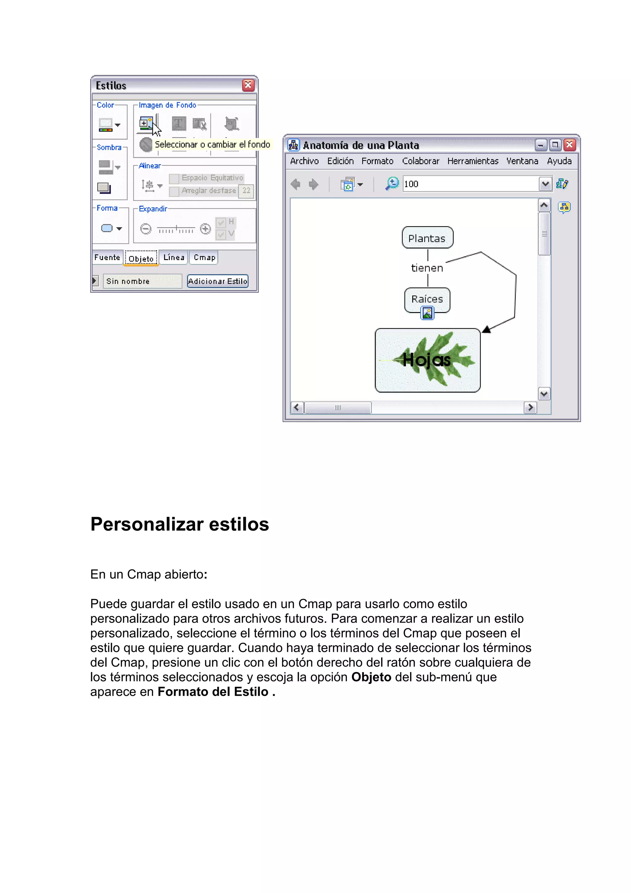 Personalizar estilos

En un Cmap abierto:

Puede guardar el estilo usado en un Cmap para usarlo como estilo
personalizado para otros archivos futuros. Para comenzar a realizar un estilo
personalizado, seleccione el término o los términos del Cmap que poseen el
estilo que quiere guardar. Cuando haya terminado de seleccionar los términos
del Cmap, presione un clic con el botón derecho del ratón sobre cualquiera de
los términos seleccionados y escoja la opción Objeto del sub-menú que
aparece en Formato del Estilo .
 