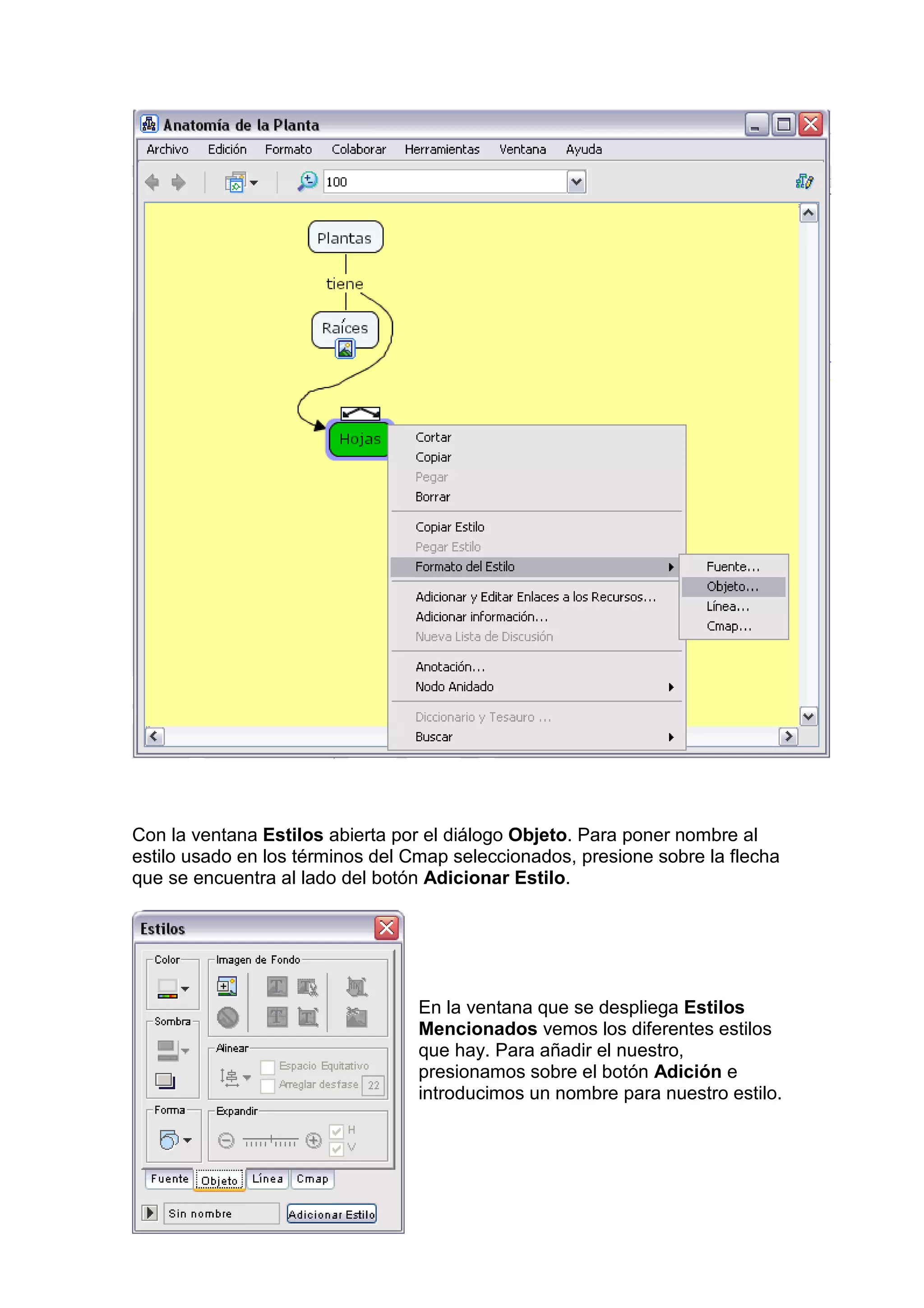 Con la ventana Estilos abierta por el diálogo Objeto. Para poner nombre al
estilo usado en los términos del Cmap seleccionados, presione sobre la flecha
que se encuentra al lado del botón Adicionar Estilo.




                                  En la ventana que se despliega Estilos
                                  Mencionados vemos los diferentes estilos
                                  que hay. Para añadir el nuestro,
                                  presionamos sobre el botón Adición e
                                  introducimos un nombre para nuestro estilo.
 