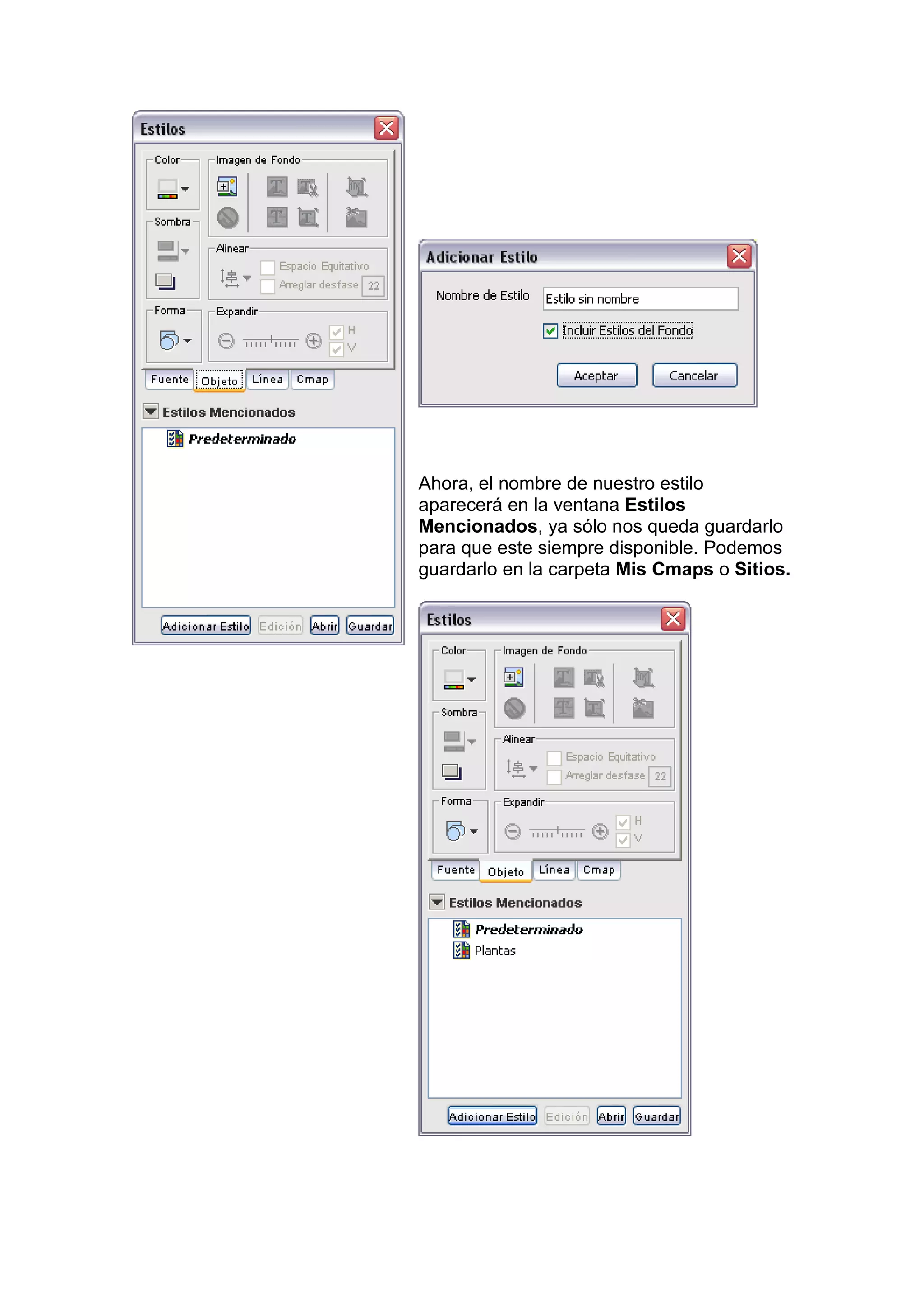 Ahora, el nombre de nuestro estilo
aparecerá en la ventana Estilos
Mencionados, ya sólo nos queda guardarlo
para que este siempre disponible. Podemos
guardarlo en la carpeta Mis Cmaps o Sitios.
 
