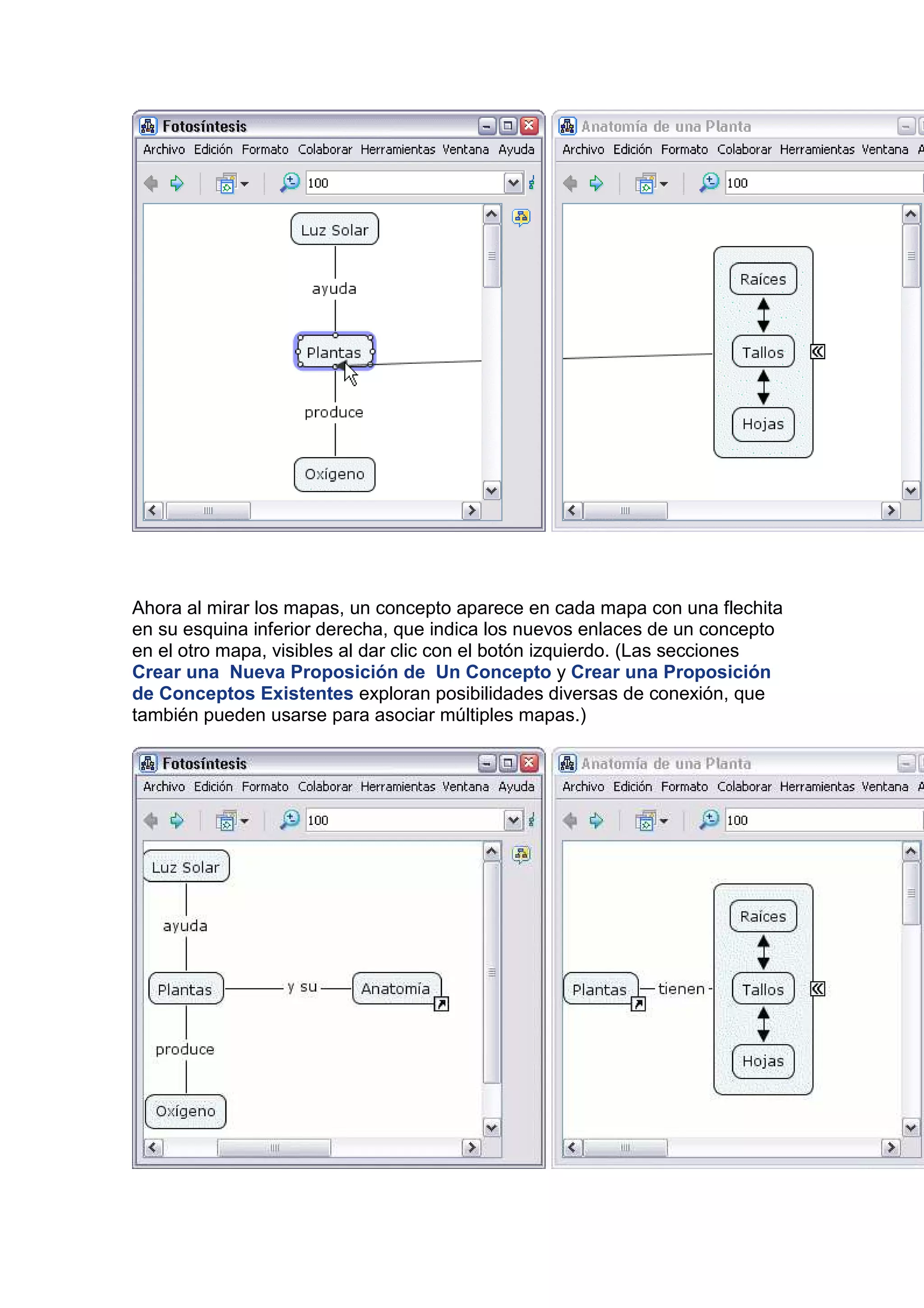 Ahora al mirar los mapas, un concepto aparece en cada mapa con una flechita
en su esquina inferior derecha, que indica los nuevos enlaces de un concepto
en el otro mapa, visibles al dar clic con el botón izquierdo. (Las secciones
Crear una Nueva Proposición de Un Concepto y Crear una Proposición
de Conceptos Existentes exploran posibilidades diversas de conexión, que
también pueden usarse para asociar múltiples mapas.)
 