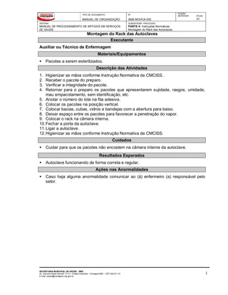 TIPO DE DOCUMENTO
MANUAL DE ORGANIZAÇÃO
Nº
SMS-MOHCA-002
EDIÇÃO
ANTERIOR ATUAL
01
SISTEMA
MANUAL DE PROCESSAMENTO DE ARTIGOS EM SERVIÇOS
DE SAÚDE
SUBSISTEMA / PROCESSO
PARTE II: Instruções Normativas
Montagem do Rack das Autoclaves
Montagem do Rack das Autoclaves
SECRETARIA MUNICIPAL DE SAÚDE - SMS
Av. General David Sarnoff, 3113 – Cidade Industrial - Contagem/MG - CEP 32210-110
E-mail: saude@contagem.mg.gov.br
1
Executante
Auxiliar ou Técnico de Enfermagem
Materiais/Equipamentos
 Pacotes a serem esterilizados.
Descrição das Atividades
1. Higienizar as mãos conforme Instrução Normativa da CMCISS.
2. Receber o pacote do preparo.
3. Verificar a integridade do pacote.
4. Retornar para o preparo os pacotes que apresentarem sujidade, rasgos, umidade,
mau empacotamento, sem identificação, etc.
5. Anotar o número do lote na fita adesiva.
6. Colocar os pacotes na posição vertical.
7. Colocar bacias, cubas, vidros e bandejas com a abertura para baixo.
8. Deixar espaço entre os pacotes para favorecer a penetração do vapor.
9. Colocar o rack na câmara interna.
10.Fechar a porta da autoclave.
11.Ligar a autoclave.
12.Higienizar as mãos conforme Instrução Normativa da CMCISS.
Cuidados
 Cuidar para que os pacotes não encostem na câmara interna da autoclave.
Resultados Esperados
 Autoclave funcionando de forma correta e regular.
Ações nas Anormalidades
 Caso haja alguma anormalidade comunicar ao (à) enfermeiro (a) responsável pelo
setor.
 