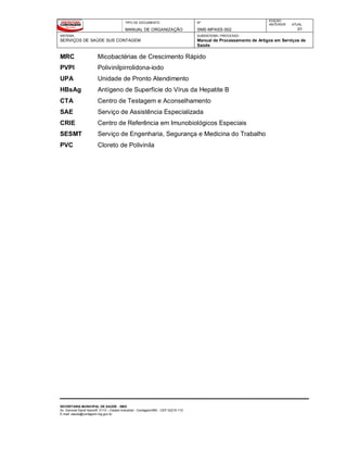 TIPO DE DOCUMENTO
MANUAL DE ORGANIZAÇÃO
Nº
SMS-MPASS-002
EDIÇÃO
ANTERIOR ATUAL
01
SISTEMA
SERVIÇOS DE SAÚDE SUS CONTAGEM
SUBSISTEMA / PROCESSO
Manual de Processamento de Artigos em Serviços de
Saúde
SECRETARIA MUNICIPAL DE SAÚDE - SMS
Av. General David Sarnoff, 3113 – Cidade Industrial - Contagem/MG - CEP 32210-110
E-mail: saude@contagem.mg.gov.br
MRC Micobactérias de Crescimento Rápido
PVPI Polivinilpirrolidona-iodo
UPA Unidade de Pronto Atendimento
HBsAg Antígeno de Superfície do Vírus da Hepatite B
CTA Centro de Testagem e Aconselhamento
SAE Serviço de Assistência Especializada
CRIE Centro de Referência em Imunobiológicos Especiais
SESMT Serviço de Engenharia, Segurança e Medicina do Trabalho
PVC Cloreto de Polivinila
 