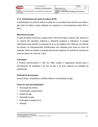 TIPO DE DOCUMENTO
MANUAL DE ORGANIZAÇÃO
Nº
SMS-MOHCA-002
EDIÇÃO
ANTERIOR ATUAL
01
SISTEMA
MANUAL DE PROCESSAMENTO DE ARTIGOS EM SERVIÇOS
DE SAÚDE
SUBSISTEMA / PROCESSO
PARTE I: 5. Esterilização de Artigos de Serviços de
Saúde
SECRETARIA MUNICIPAL DE SAÚDE - SMS
Av. General David Sarnoff, 3113 – Cidade Industrial - Contagem/MG - CEP 32210-110
E-mail: saude@contagem.mg.gov.br 19
5.7.3. Esterilização por óxido de etileno (ETO)
A esterilização por óxido de etileno consiste em um processo físico-químico que utiliza o
gás óxido de etileno, sendo realizada em autoclave a uma temperatura entre 50°C e
60°C.
Mecanismo de ação
O óxido de etileno (C2H4O) é um gás incolor, miscível em água, acetona, éter, benzeno e
na maioria dos solventes orgânicos e altamente explosivo e inflamável. A solução
esterilizante pode explodir na presença de ar ou de oxigênio puro. Misturas com dióxido
de carbono ou hidrocarbonetos clorofluorados são utilizadas para evitar os riscos de
explosão. Deve-se enfatizar a questão adicional da exigência de controle de resíduos de
óxido de etileno em níveis de 1 ppm.
Toxicidade
A Portaria Interministerial n° 482, em 1999, contém o regulamento técnico para o
procedimento de instalação e de uso do gás e de suas misturas em unidades de
esterilização.
Parâmetros do processo
Incluem tempo, temperatura, umidade relativa e concentração do gás.
Fases do ciclo de esterilização
 Evacuação da câmara.
 Umidificação e aquecimento.
 Injeção do gás.
 Exposição ao gás.
 Evacuação e injeção de ar.
 Aeração.
 
