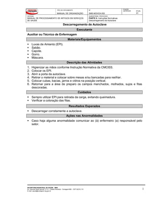 TIPO DE DOCUMENTO
MANUAL DE ORGANIZAÇÃO
Nº
SMS-MOHCA-002
EDIÇÃO
ANTERIOR ATUAL
01
SISTEMA
MANUAL DE PROCESSAMENTO DE ARTIGOS EM SERVIÇOS
DE SAÚDE
SUBSISTEMA / PROCESSO
PARTE II: Instruções Normativas
Descarregamento de Autoclave
Descarregamento de Autoclave
SECRETARIA MUNICIPAL DE SAÚDE - SMS
Av. General David Sarnoff, 3113 – Cidade Industrial - Contagem/MG - CEP 32210-110
E-mail: saude@contagem.mg.gov.br
1
Executante
Auxiliar ou Técnico de Enfermagem
Materiais/Equipamentos
 Luvas de Amianto (EPI).
 Sabão.
 Capote.
 Gorro.
 Máscara.
Descrição das Atividades
1. Higienizar as mãos conforme Instrução Normativa da CMCISS.
2. Colocar os EPI.
3. Abrir a porta da autoclave.
4. Retirar o material e colocar sobre mesas e/ou bancadas para resfriar.
5. Colocar cubas, bacias, jarros e vidros na posição vertical.
6. Retornar para a área de preparo os campos manchados, molhados, sujos e fitas
descoradas.
Cuidados
 Sempre utilizar EPI para retirada da carga, evitando queimadura.
 Verificar a coloração das fitas.
Resultados Esperados
 Descarregar corretamente a autoclave.
Ações nas Anormalidades
 Caso haja alguma anormalidade comunicar ao (à) enfermeiro (a) responsável pelo
setor.
 