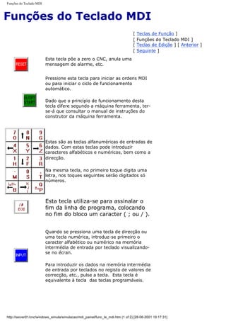 Funções do Teclado MDI
Funções do Teclado MDI
[ Teclas de Função ]
[ Funções do Teclado MDI ]
[ Teclas de Edição ] [ Anterior ]
[ Seguinte ]
Esta tecla põe a zero o CNC, anula uma
mensagem de alarme, etc.
Pressione esta tecla para iniciar as ordens MDI
ou para iniciar o ciclo de funcionamento
automático.
Dado que o princípio de funcionamento desta
tecla difere segundo a máquina ferramenta, ter-
se-á que consultar o manual de instruções do
construtor da máquina ferramenta.
Estas são as teclas alfanuméricas de entradas de
dados. Com estas teclas pode introduzir
caracteres alfabéticos e numéricos, bem como a
direcção.
Na mesma tecla, no primeiro toque digita uma
letra, nos toques seguintes serão digitados só
números.
Esta tecla utiliza-se para assinalar o
fim da linha de programa, colocando
no fim do bloco um caracter ( ; ou / ).
Quando se pressiona uma tecla de direcção ou
uma tecla numérica, introduz-se primeiro o
caracter alfabético ou numérico na memória
intermédia de entrada por teclado visualizando-
se no écran.
Para introduzir os dados na memória intermédia
de entrada por teclados no registo de valores de
correcção, etc., pulse a tecla. Esta tecla é
equivalente à tecla das teclas programáveis.
http://server01/cnc/windows_simula/simulacao/mdi_painel/func_te_mdi.htm (1 of 2) [28-06-2001 19:17:31]
 