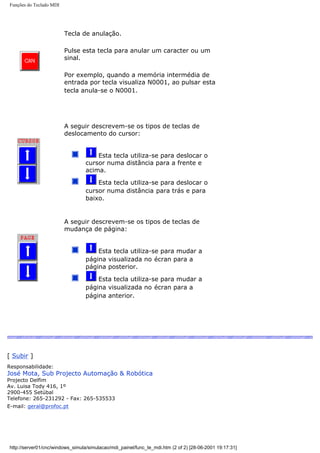 Funções do Teclado MDI
Tecla de anulação.
Pulse esta tecla para anular um caracter ou um
sinal.
Por exemplo, quando a memória intermédia de
entrada por tecla visualiza N0001, ao pulsar esta
tecla anula-se o N0001.
A seguir descrevem-se os tipos de teclas de
deslocamento do cursor:
Esta tecla utiliza-se para deslocar o
cursor numa distância para a frente e
acima.
Esta tecla utiliza-se para deslocar o
cursor numa distância para trás e para
baixo.
A seguir descrevem-se os tipos de teclas de
mudança de página:
Esta tecla utiliza-se para mudar a
página visualizada no écran para a
página posterior.
Esta tecla utiliza-se para mudar a
página visualizada no écran para a
página anterior.
[ Subir ]
Responsabilidade:
José Mota, Sub Projecto Automação & Robótica
Projecto Delfim
Av. Luisa Tody 416, 1º
2900-455 Setúbal
Telefone: 265-231292 - Fax: 265-535533
E-mail: geral@profoc.pt
http://server01/cnc/windows_simula/simulacao/mdi_painel/func_te_mdi.htm (2 of 2) [28-06-2001 19:17:31]
 