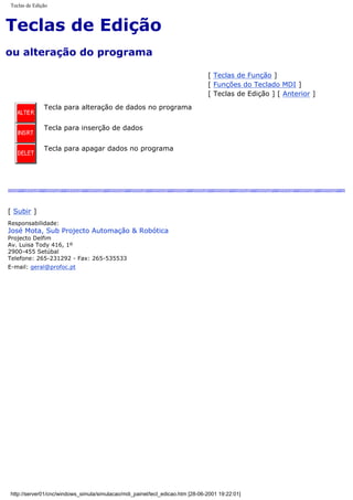 Teclas de Edição
Teclas de Edição
ou alteração do programa
[ Teclas de Função ]
[ Funções do Teclado MDI ]
[ Teclas de Edição ] [ Anterior ]
Tecla para alteração de dados no programa
Tecla para inserção de dados
Tecla para apagar dados no programa
[ Subir ]
Responsabilidade:
José Mota, Sub Projecto Automação & Robótica
Projecto Delfim
Av. Luisa Tody 416, 1º
2900-455 Setúbal
Telefone: 265-231292 - Fax: 265-535533
E-mail: geral@profoc.pt
http://server01/cnc/windows_simula/simulacao/mdi_painel/tecl_edicao.htm [28-06-2001 19:22:01]
 
