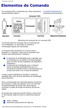 Elementos de Comando
Elementos de Comando
Um comando CNC é constituído por vários elementos,
esquematizados abaixo:
[ Funções Programáveis ]
[ Elementos de Comando ]
Elementos de comando de um comando CNC
A principal parte do comando CNC é constituída por
um processador, no qual todos os cálculos e
combinações lógicas são efectuados.
O comando CNC representa um vínculo entre o
operador e a máquina, e para isto é necessário que
existam dois elementos de “interface”:
O elemento de interligação para o operador que
é constituído por um painel e diversas ligações
para um leitor de fita magnética, de disquetes e
impressora..
O elemento de interligação para a máquina
sendo constituído essencialmente por um
comando de interface (CLP) e accionamentos do
avanço dos eixos e um circuito de potência.
A seguir serão analisadas as funções e modos de
operação bem como os dois elementos de interligação
acima descritos.
Para a compreensão dos elementos básicos da técnica
do comando, é dado nas páginas 14/14 um exemplo
de posicionamento de eixos, bem como alguns
conceitos e modos de função do domínio da técnica
digital.
Os painéis das máquinas de CNC diferem muito entre
si. No entanto, pode-se dividir os elementos básicos
em:
Vídeo / display.
Elementos operacionais da máquina.
http://server01/cnc/comandos/elementos_comando.htm (1 of 2) [29-06-2001 10:40:03]
 